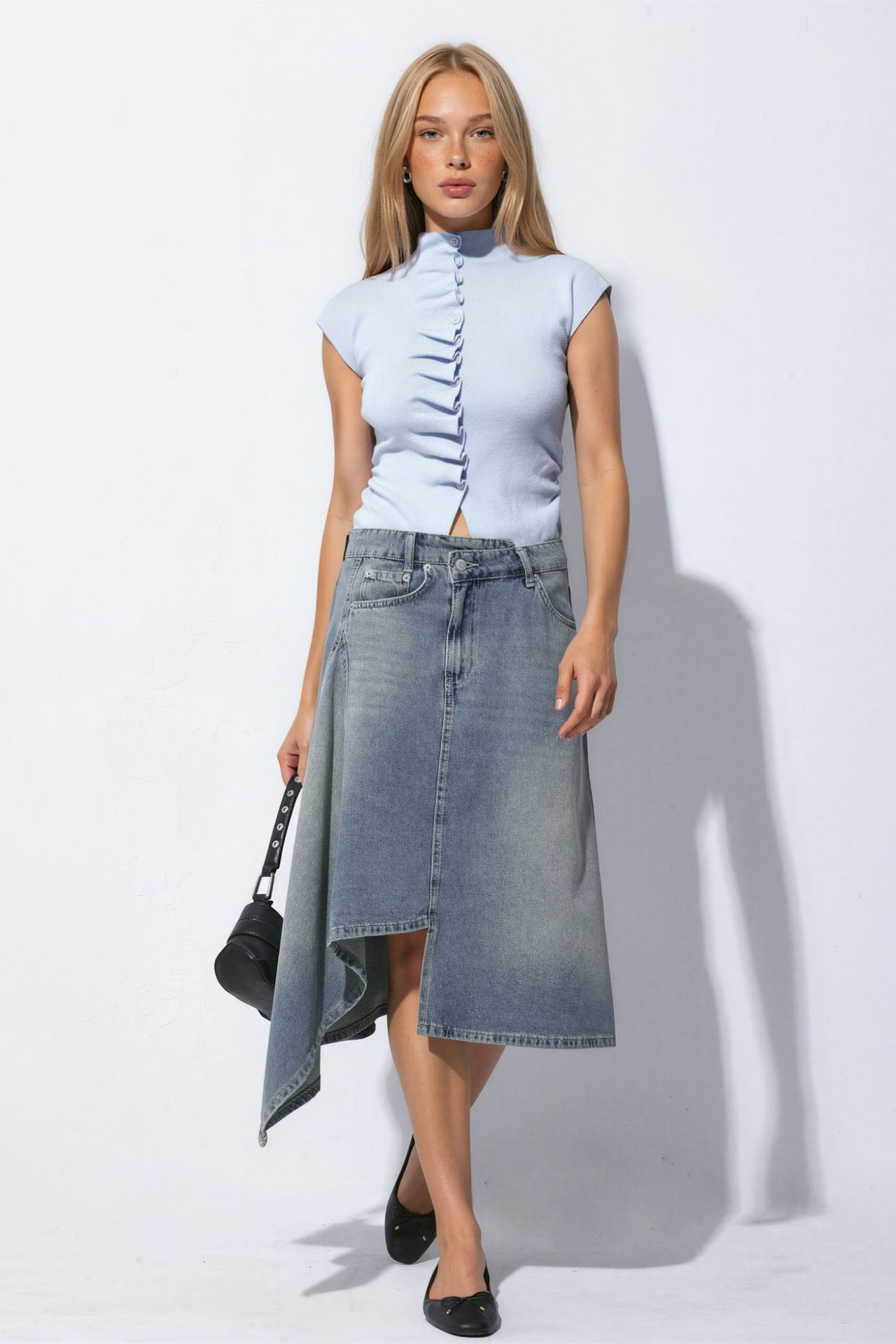 Asymmetric Wash Effect Denim Midi Skirt 2
