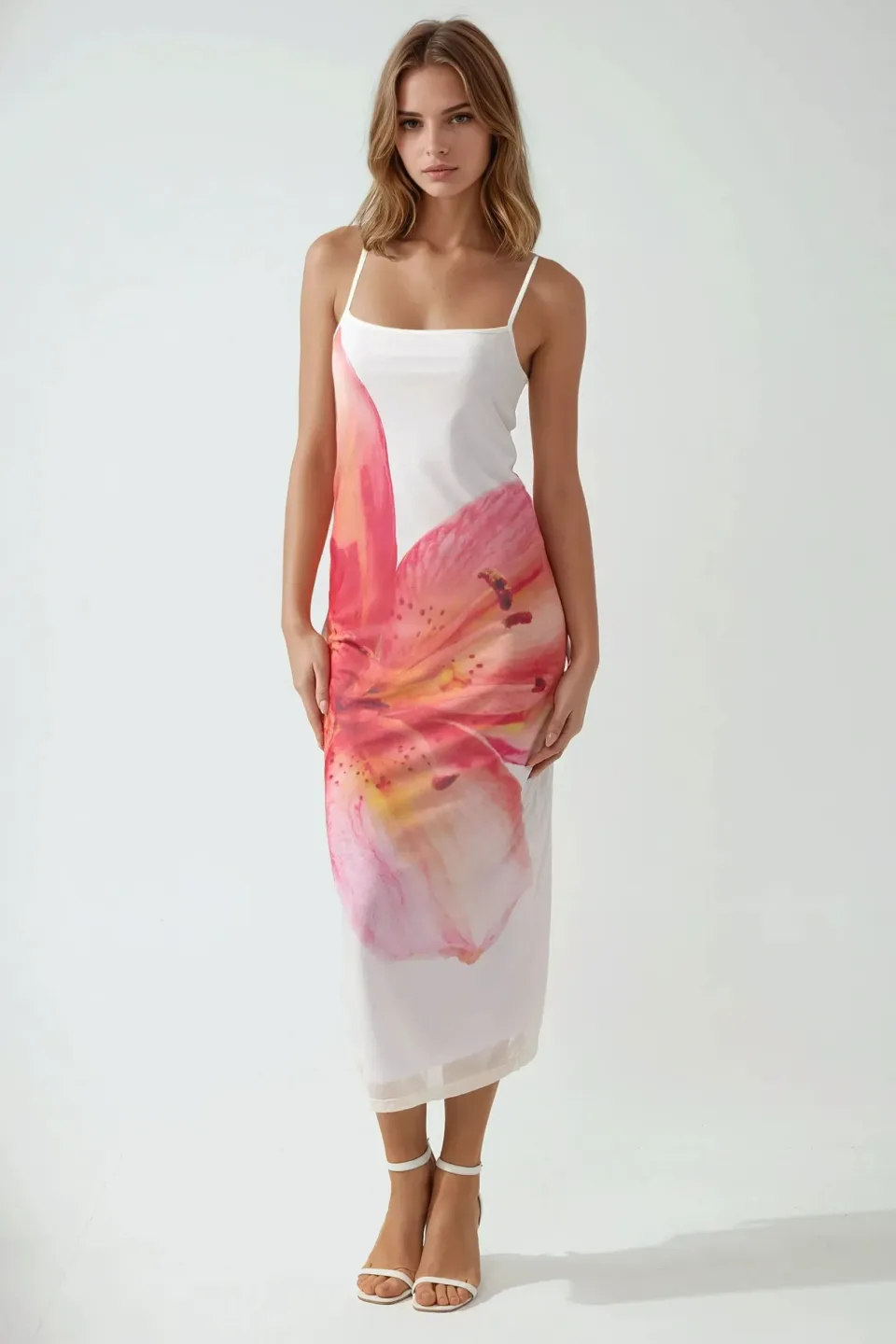 Square Collar Bodycon Maxi Dress with Floral Print