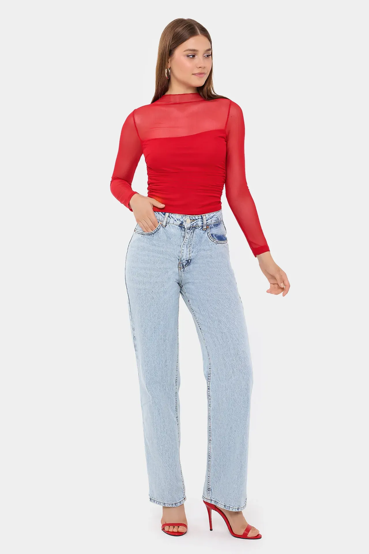 Mesh Cropped High-Neck Blouse with Ruched Detail