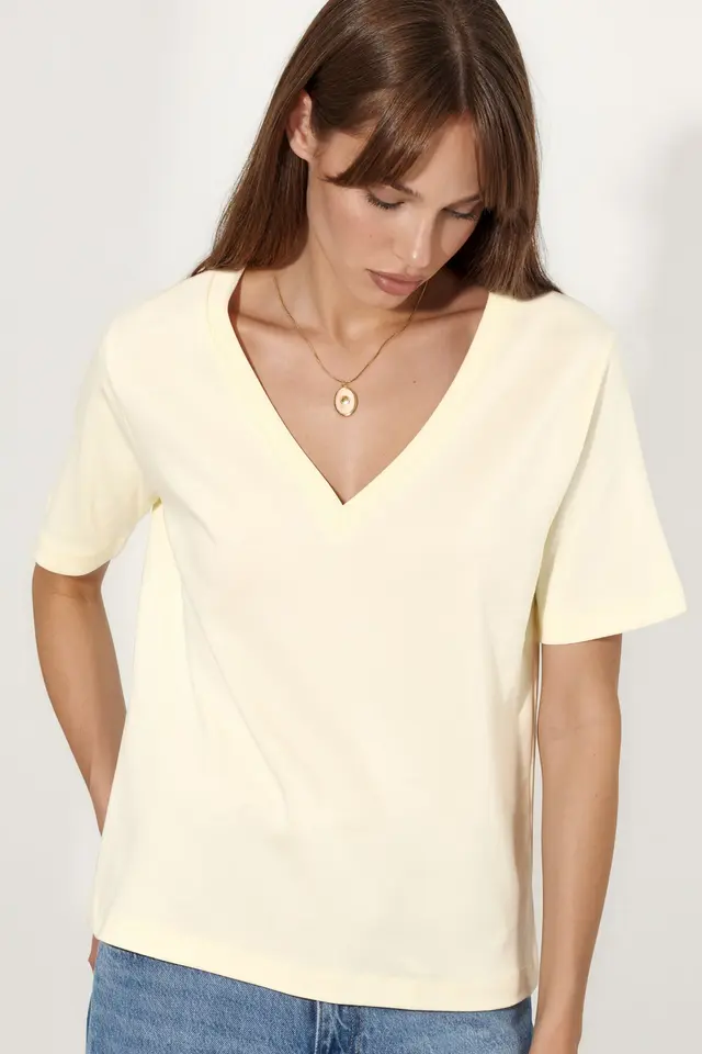 BUSEM V-Neck Solid Regular Fit Cotton T-Shirt
