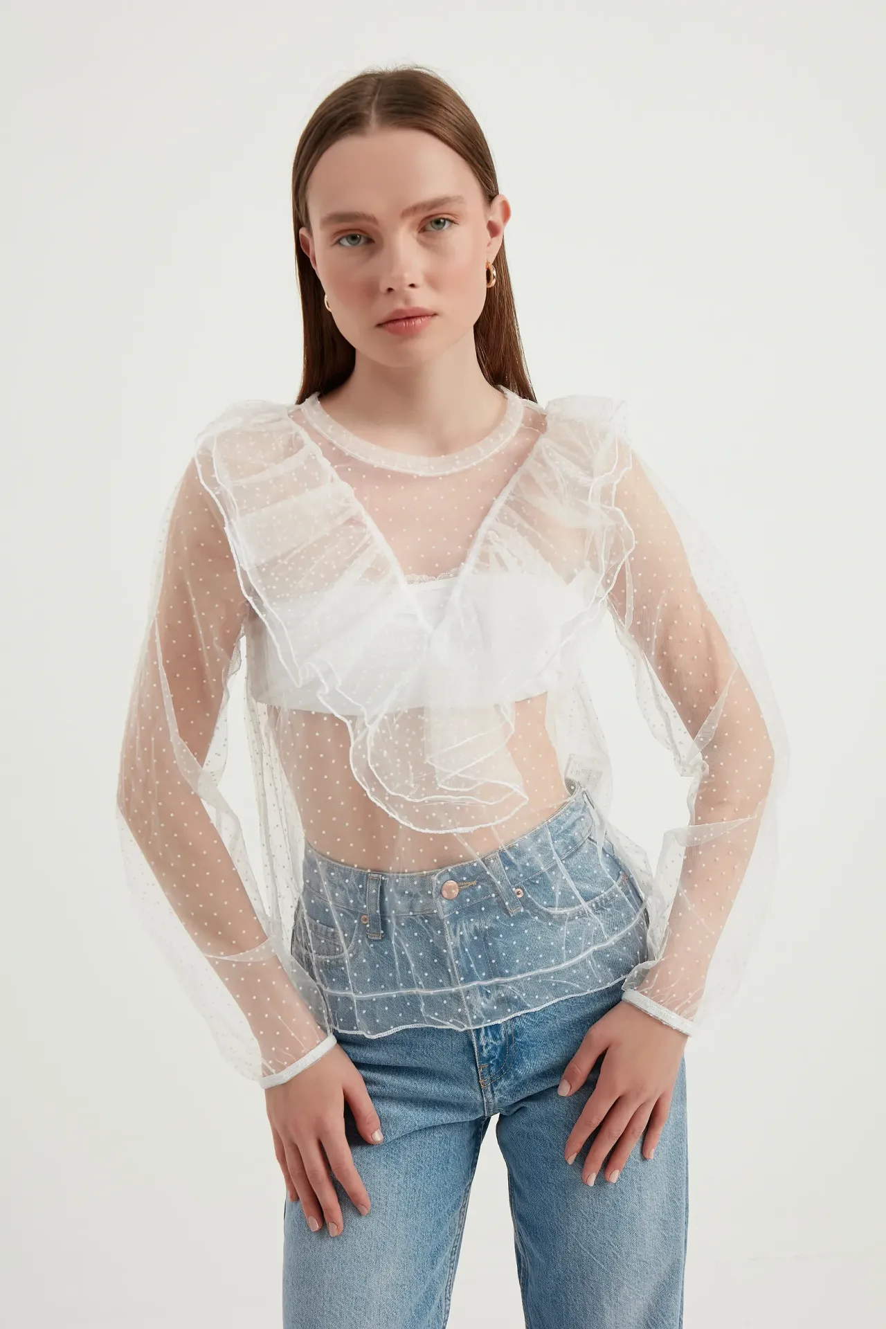 Polka Dot Round Neck Mesh Ruffled Long Sleeve Blouse