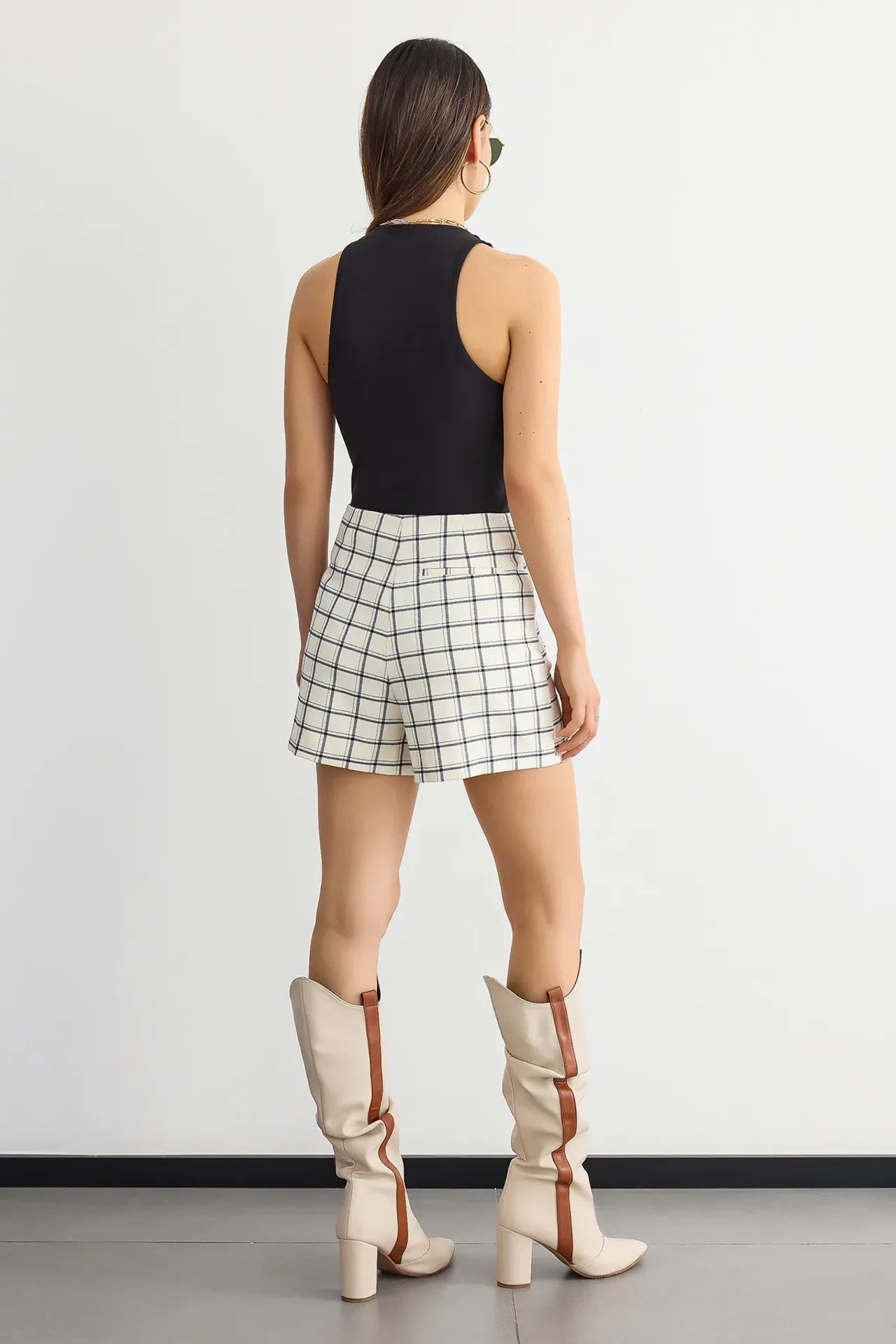 Checked High-Waist Button-Detail Mini Skort