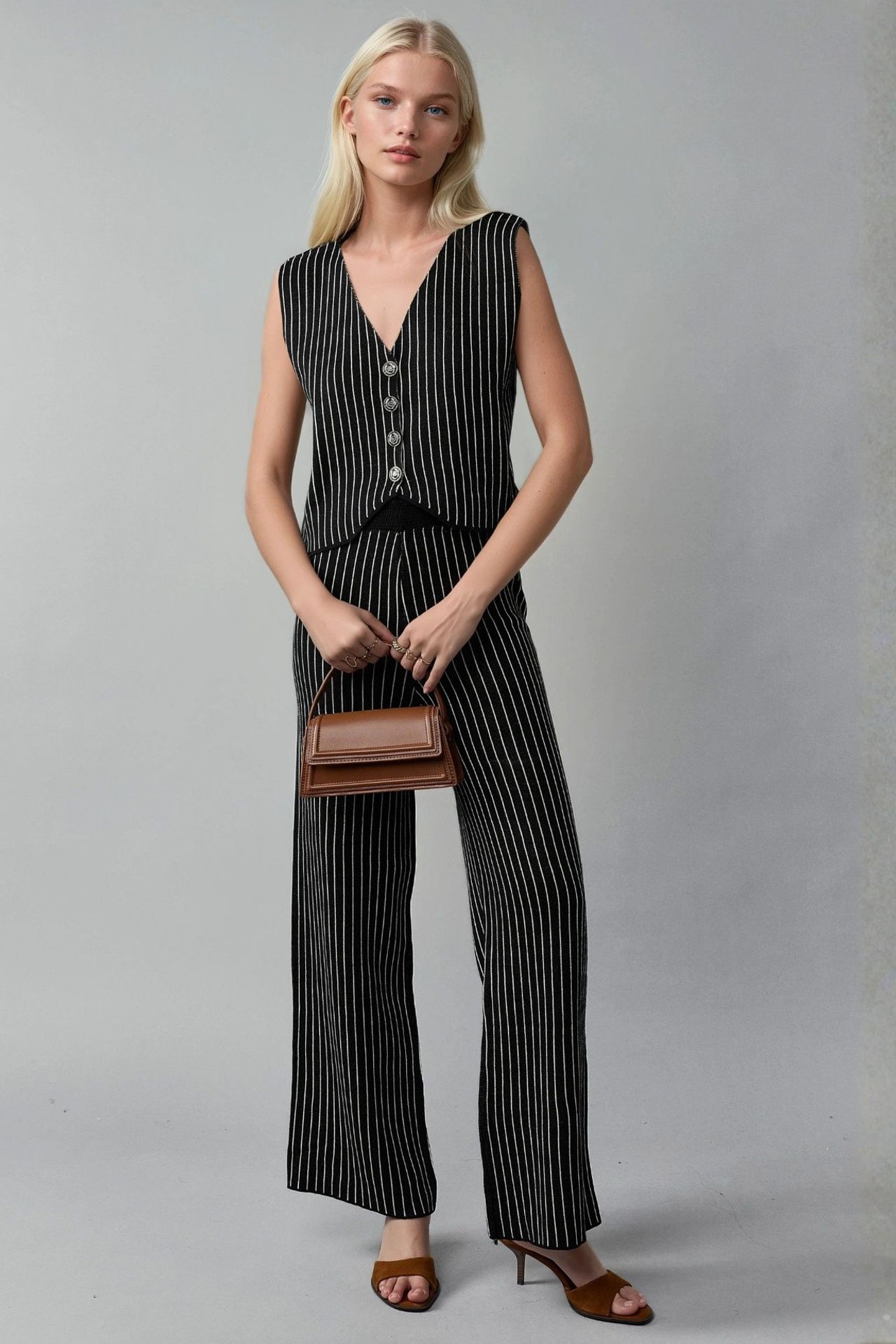 MY FASHION Striped Knit Co-Ord Set with V-Neck Vest and Wide Leg Pants 1