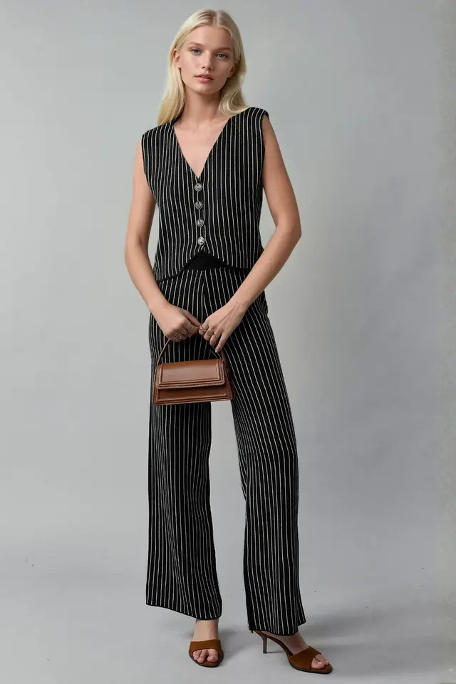 MY FASHION Striped Knit Co-Ord Set with V-Neck Vest and Wide Leg Pants