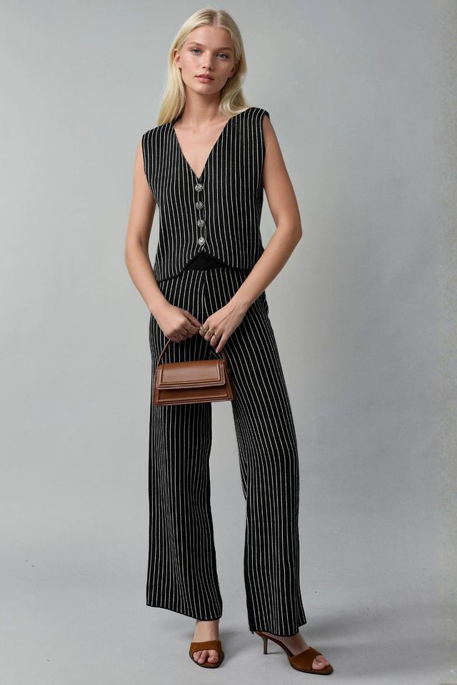 MY FASHION Striped Knit Co-Ord Set with V-Neck Vest and Wide Leg Pants