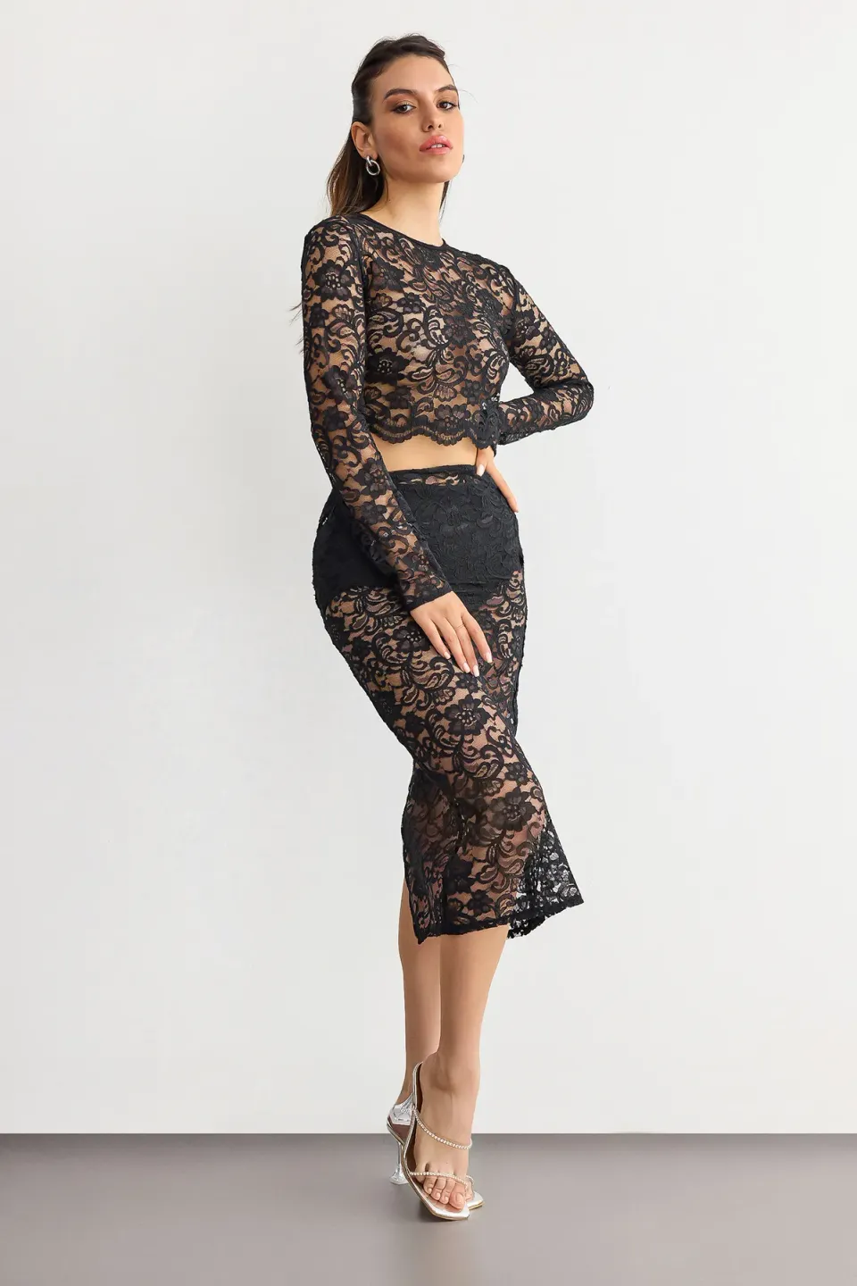 High-Waist Midi Skirt Lace Coords Set