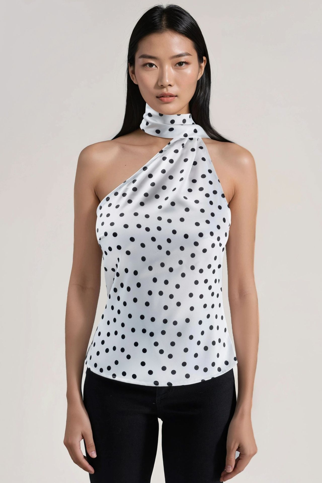 Asymmetrical Collar Polka Dot Satin Blouse 9