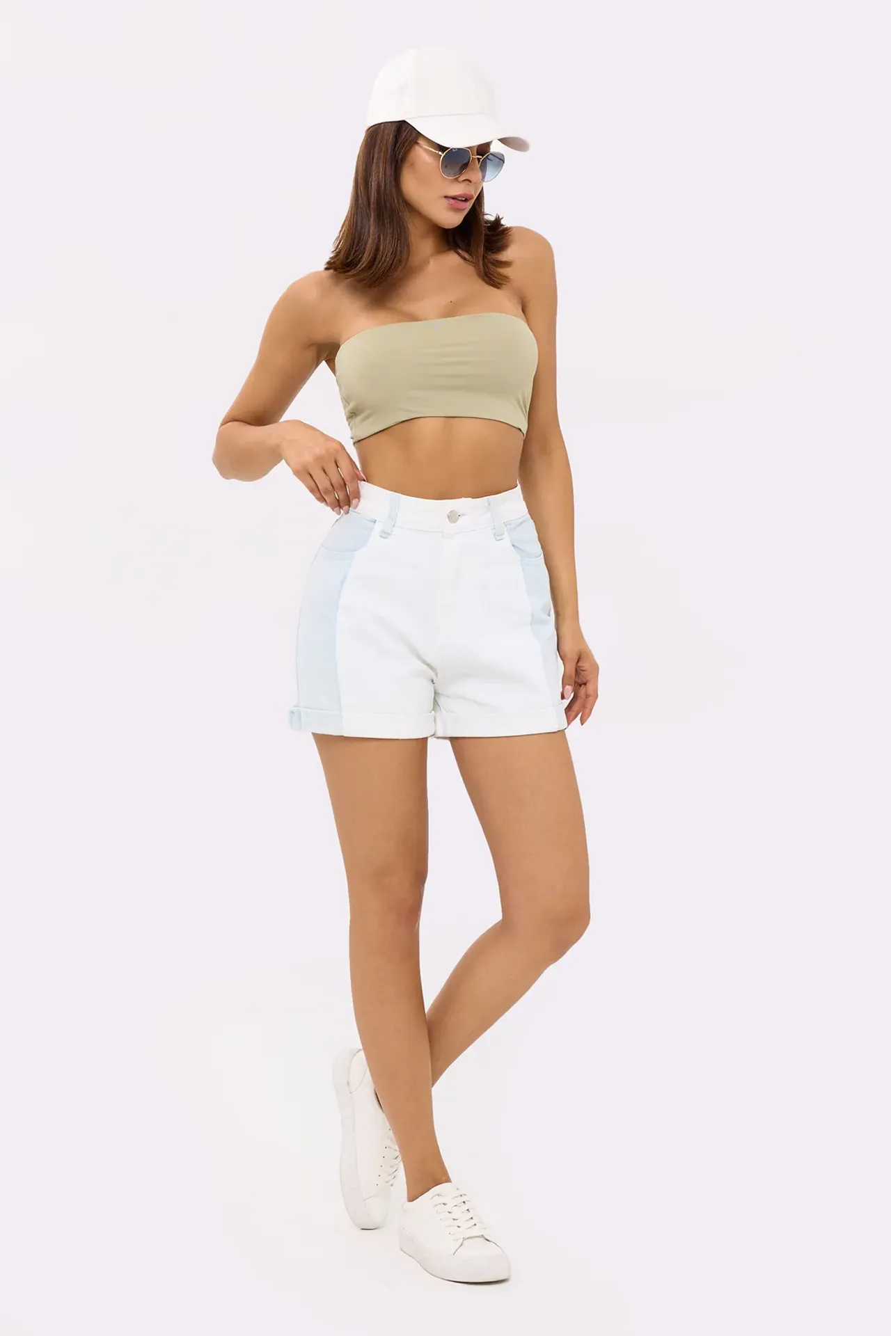 Denim Color Block High Waist Shorts