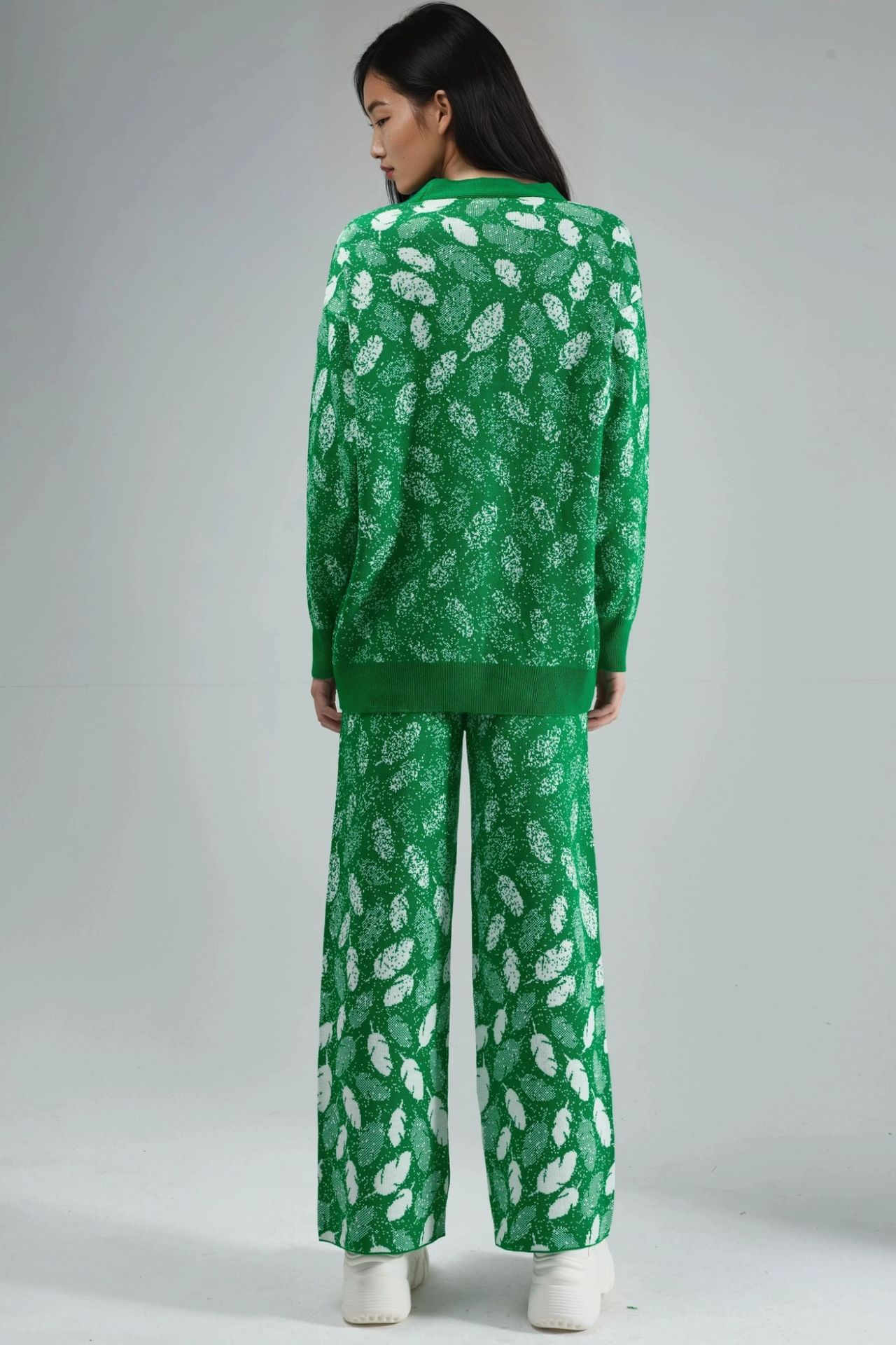 MY FASHION V-Neck Jacquard Knit Cardigan and Wide Leg Pants Set 3
