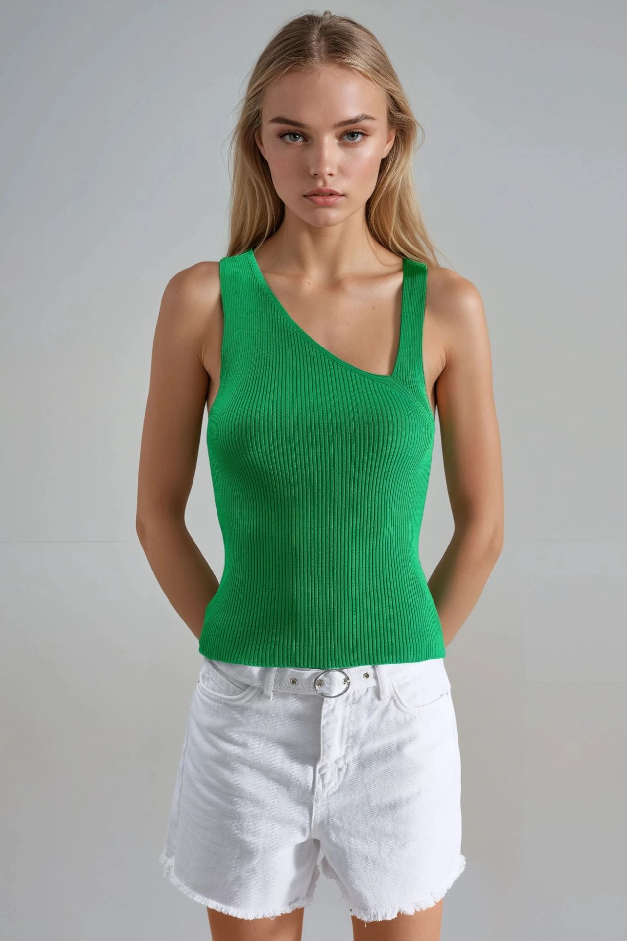 Fitted Asymmetrical Neck Ribbed Sleeveless Knit Top 7