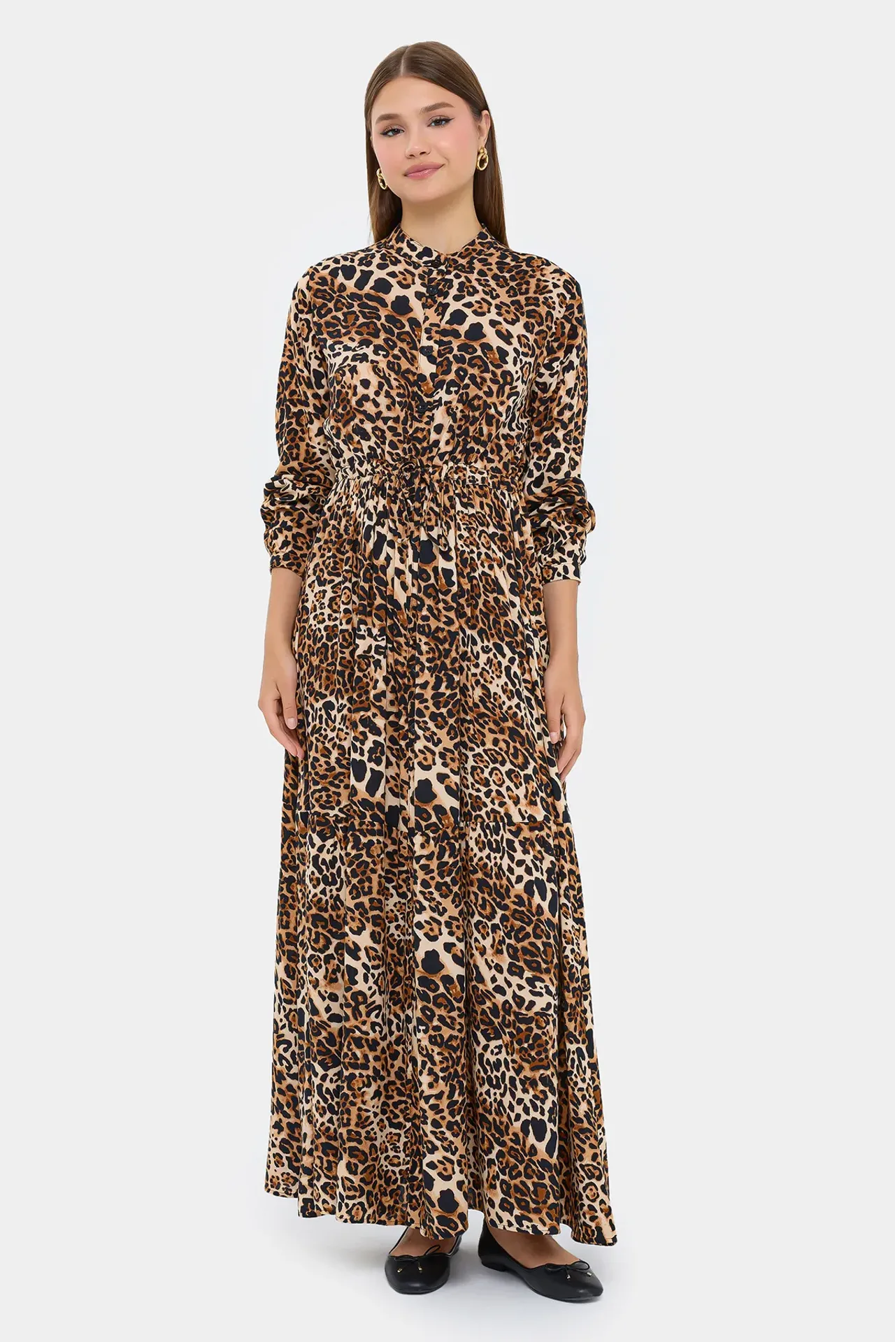 Animal Print Long Sleeve Maxi Dress with Mock Neck