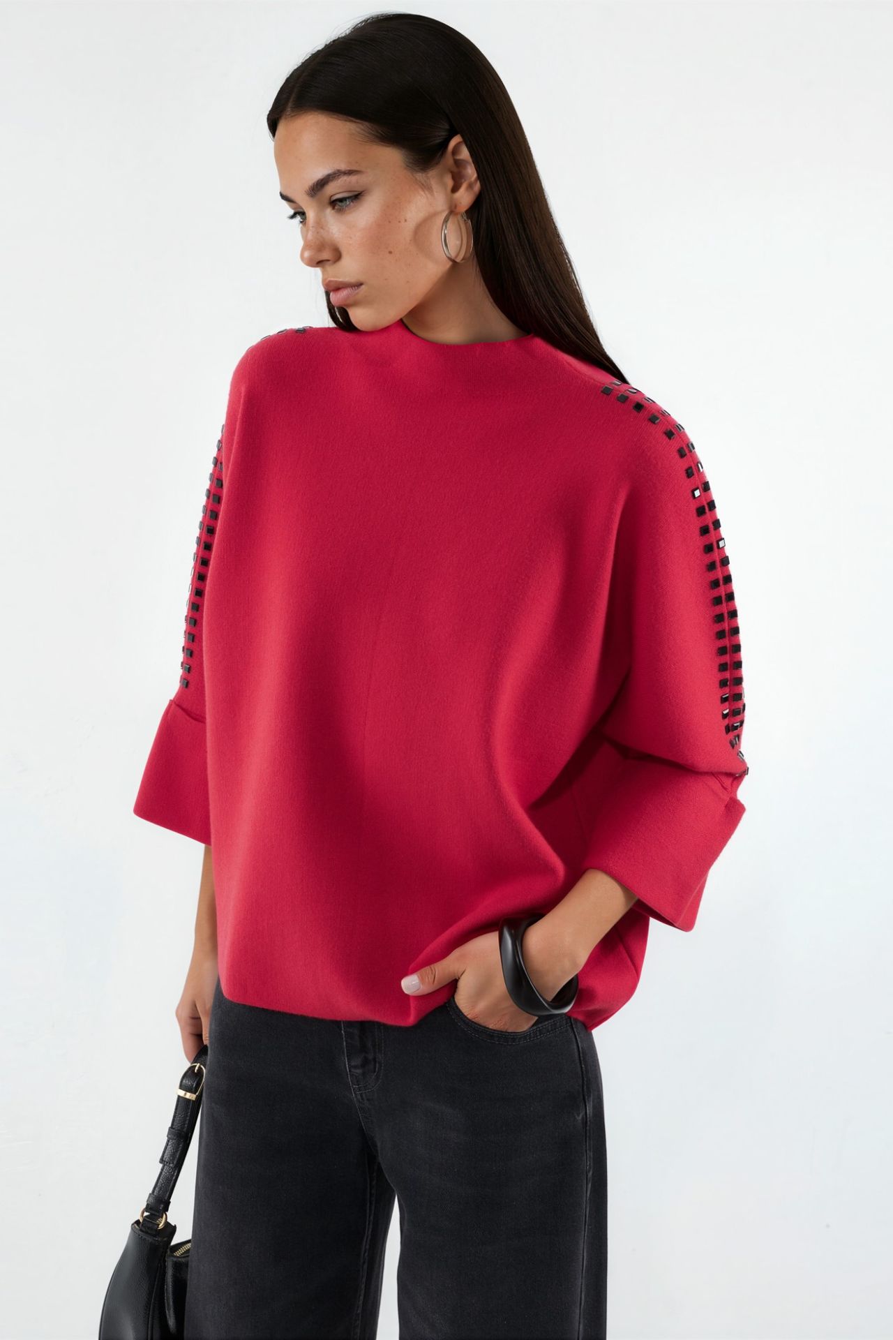 Mock Neck Knit Sweater with Stone Accessory Detail 2