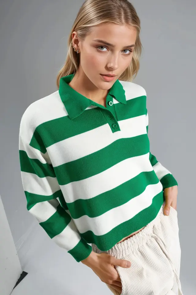 MY FASHION Striped Knit Polo Collar Sweater