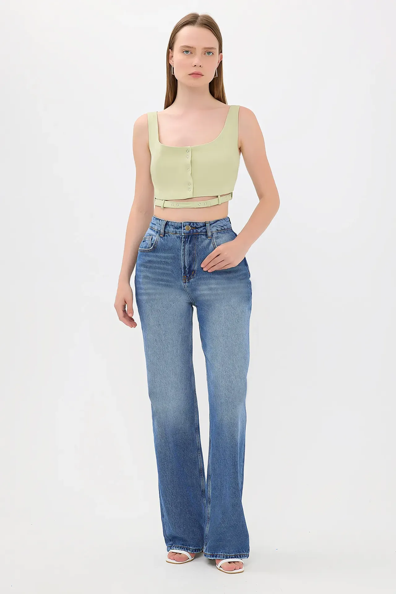 Square Neck Buttoned Cami Tank Top with Belt Detail
