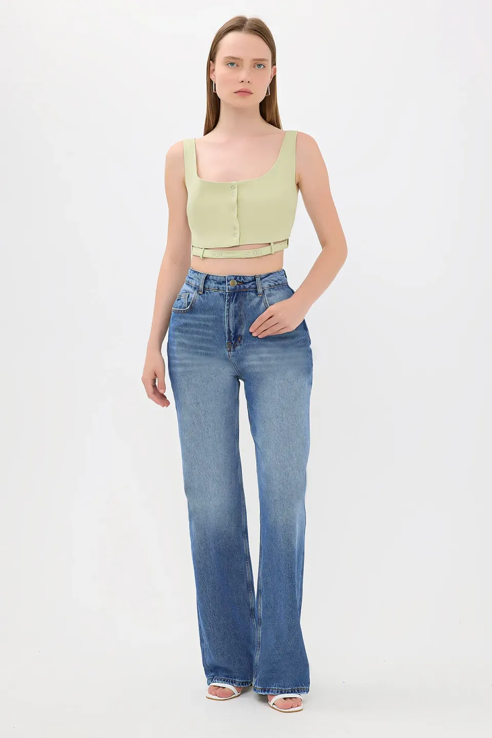 Square Neck Buttoned Cami Tank Top with Belt Detail