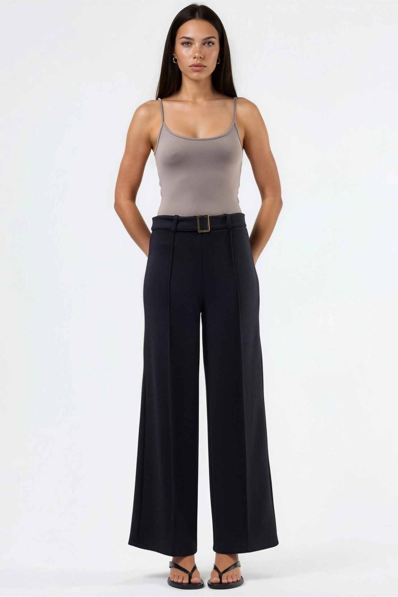 BUSEM High Waist Belted Straight Leg Pants