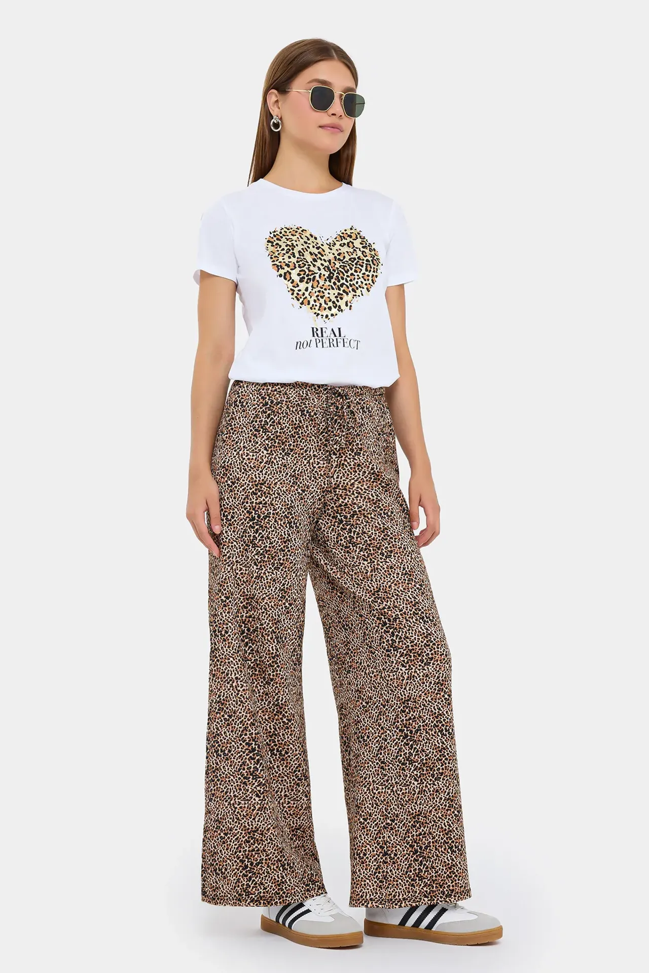 Animal Printed Wide-Leg Trousers with Lace-Up Detail