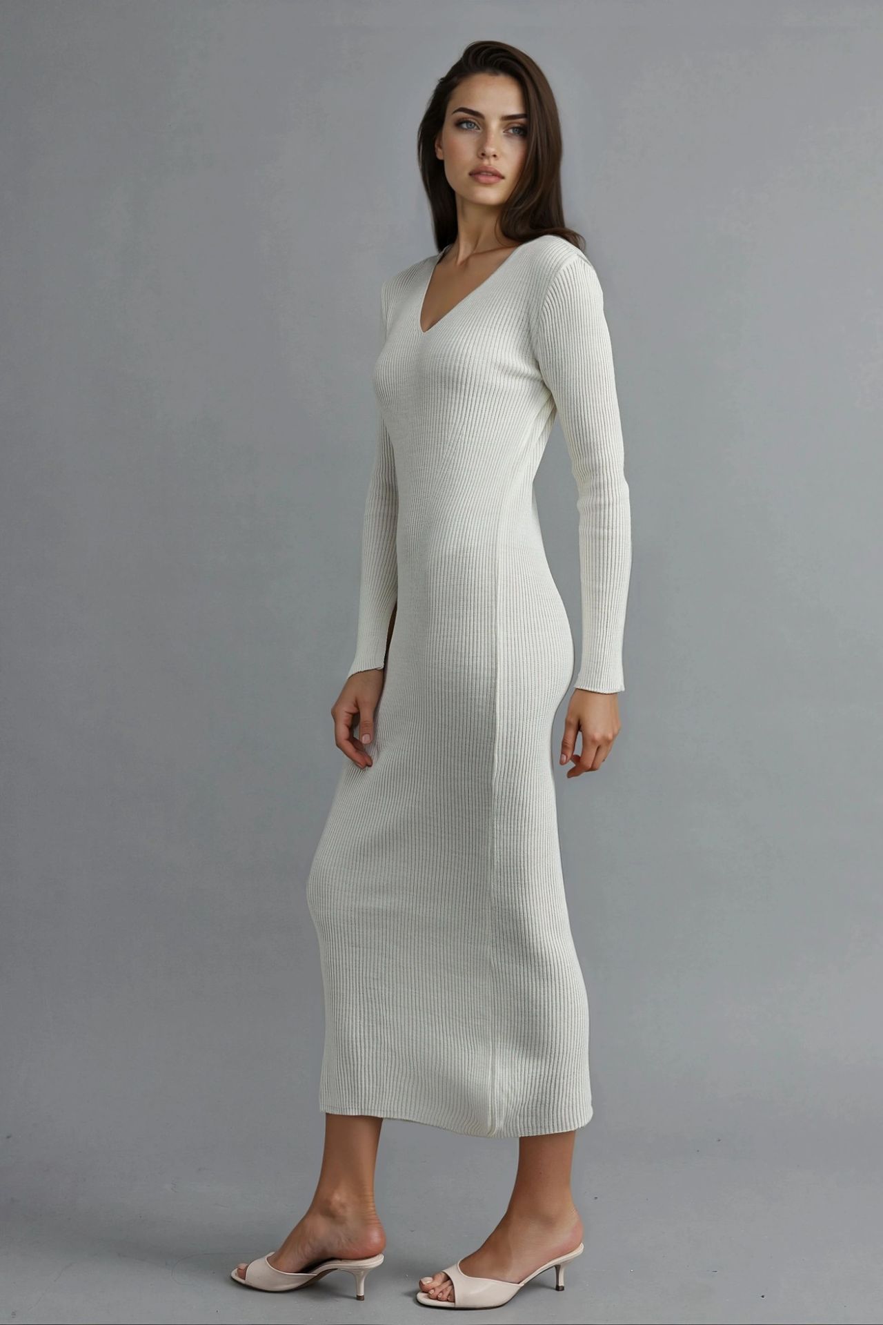 MY FASHION V-Neck Textured Maxi Knit Dress with Slit 2
