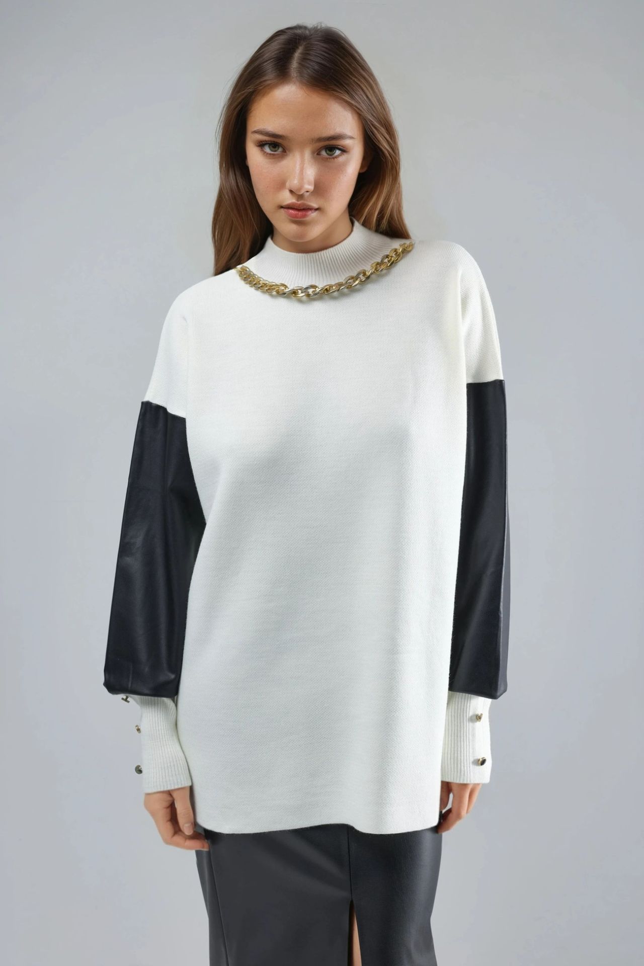 MY FASHION Faux Leather Detailed Sweater 7