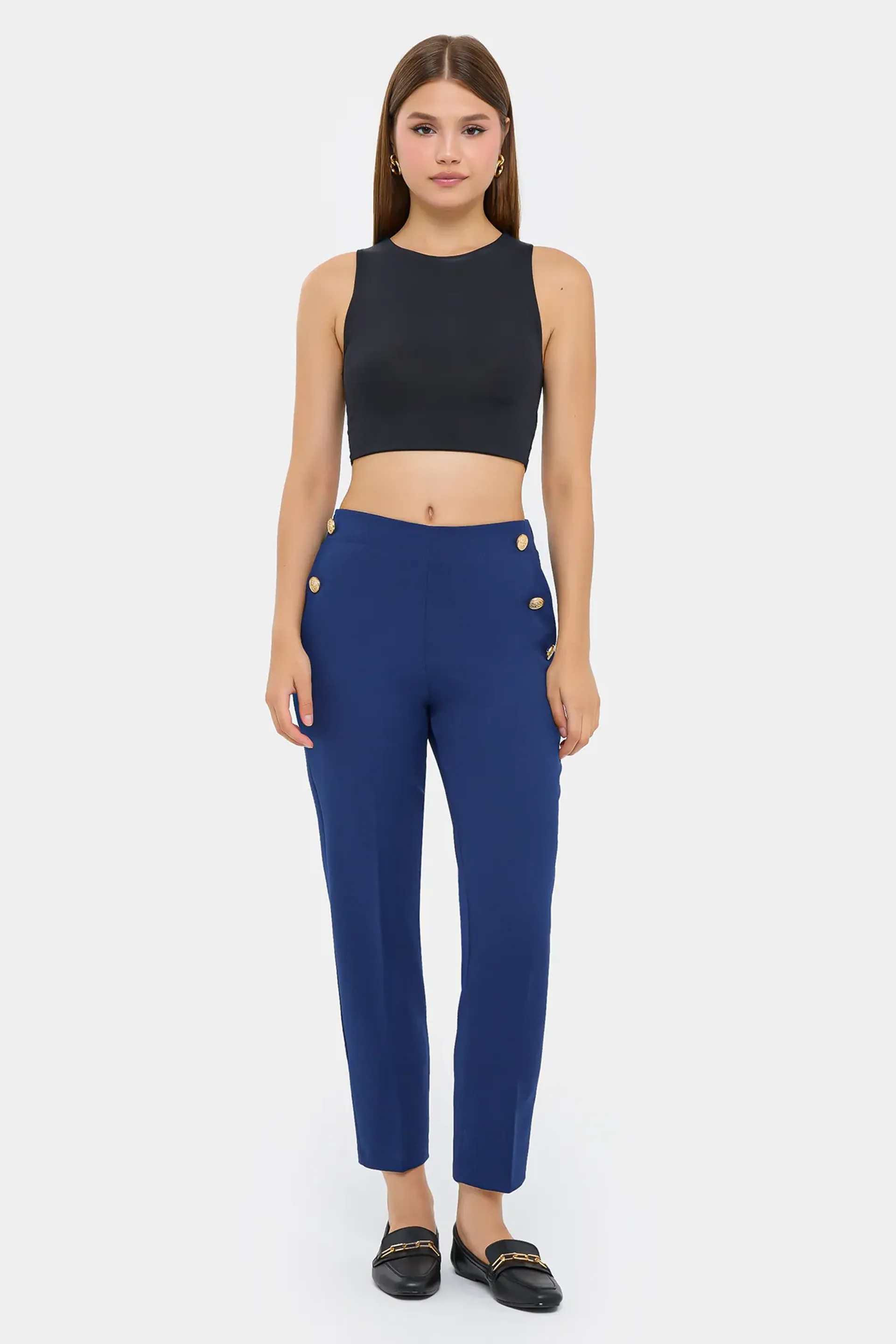 Blue High-waist Carrot Trousers With Button Detail Women