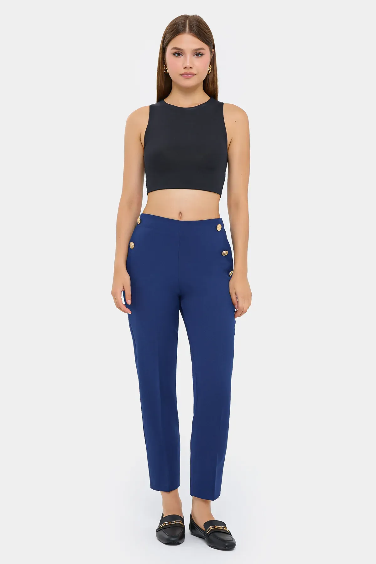 High-Waist Carrot Trousers with Button Detail 1