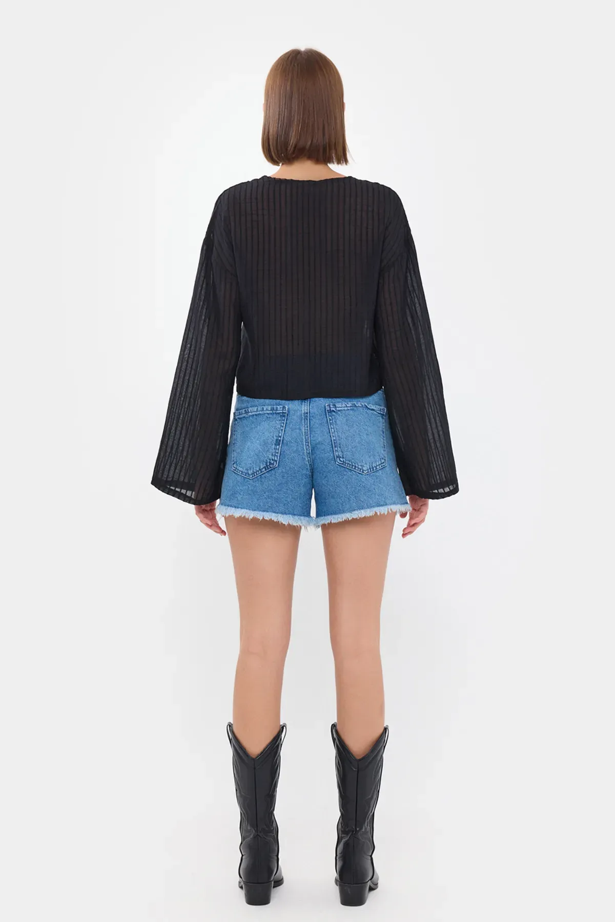 Striped Mesh V-Neck Blouse with Tie-Front 4
