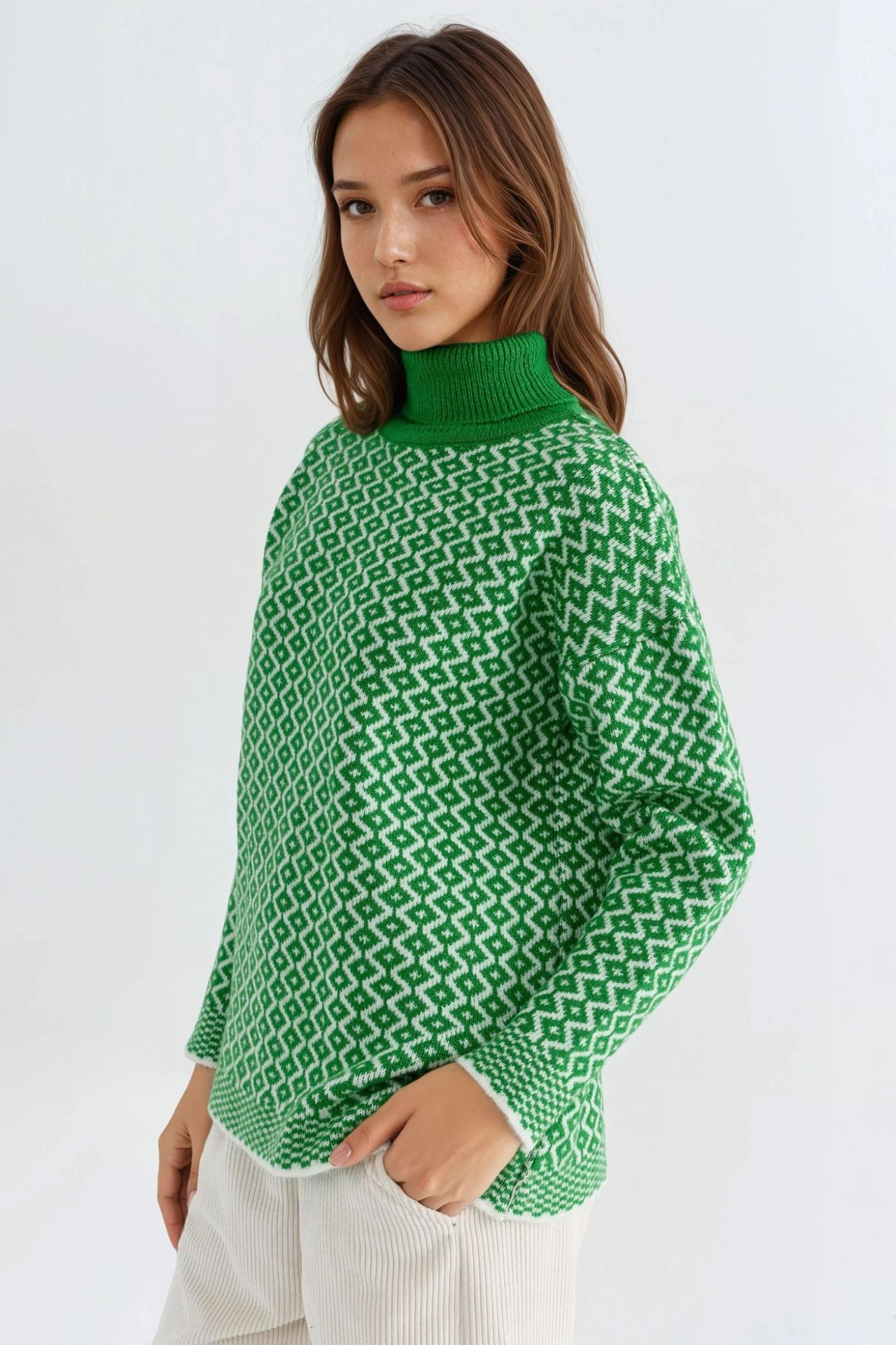 MY FASHION Long Turtleneck Geometric Pattern Ribbed Sweater 4