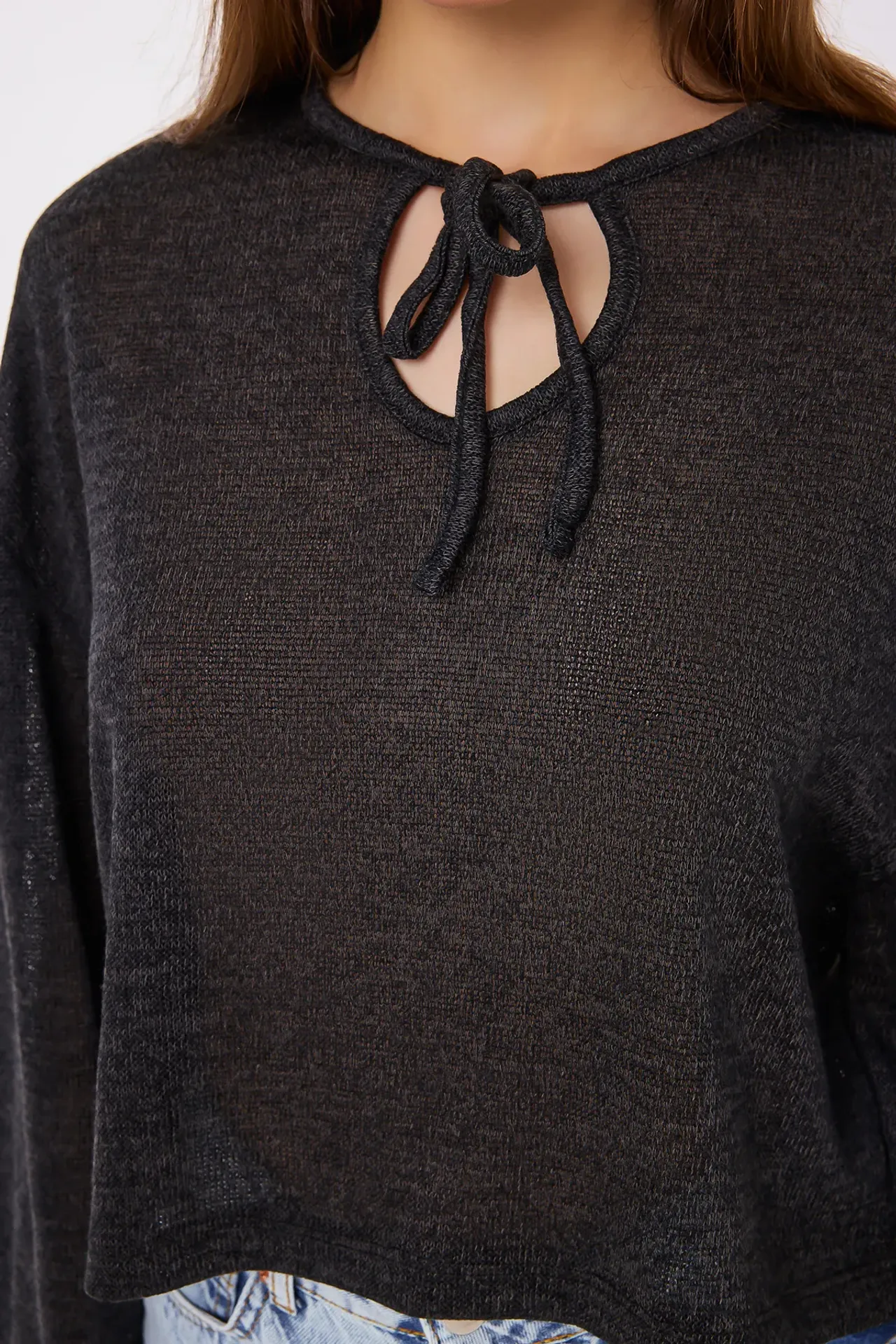 Knitted Loose Fit Round Neck Blouse with Tie-Up Detail