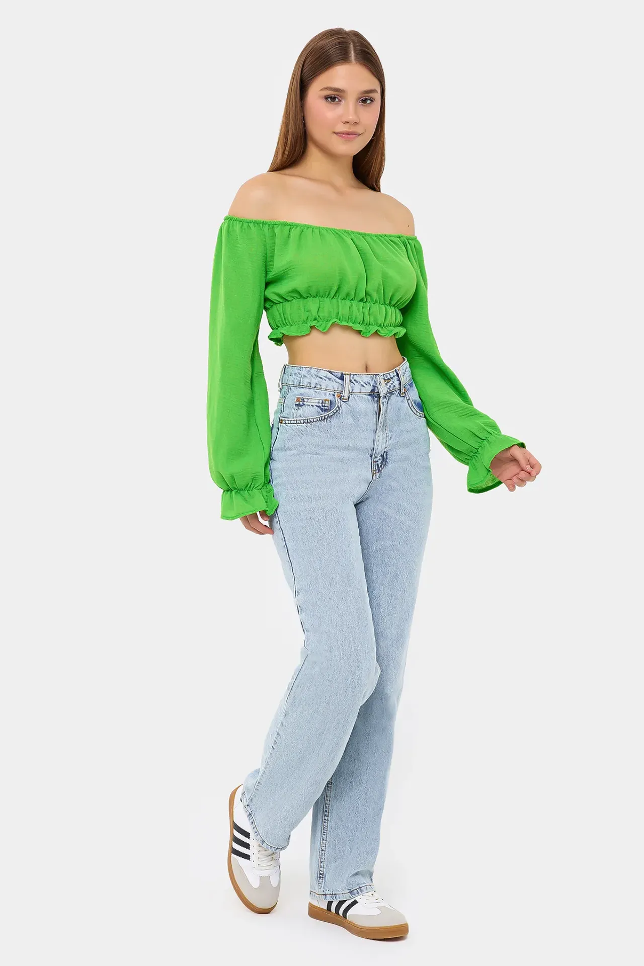 Off-Shoulder Linen Cropped Top with Long Sleeves and Ruffle Detail