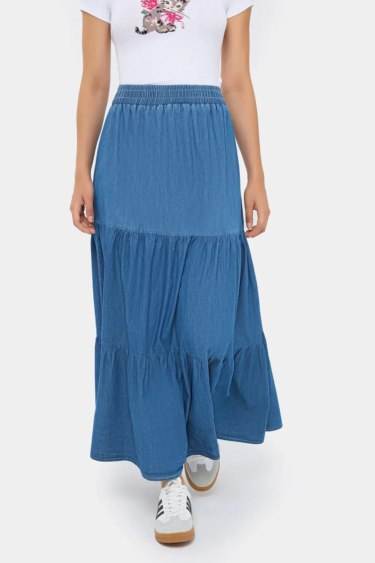 Denim-Look Maxi Skirt with Tiered Elastic Waist