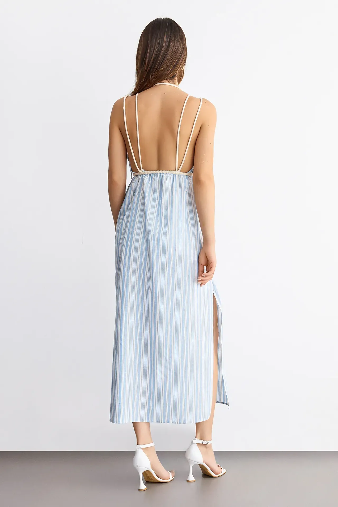 Striped Tie-Front Spaghetti Strap Maxi Dress