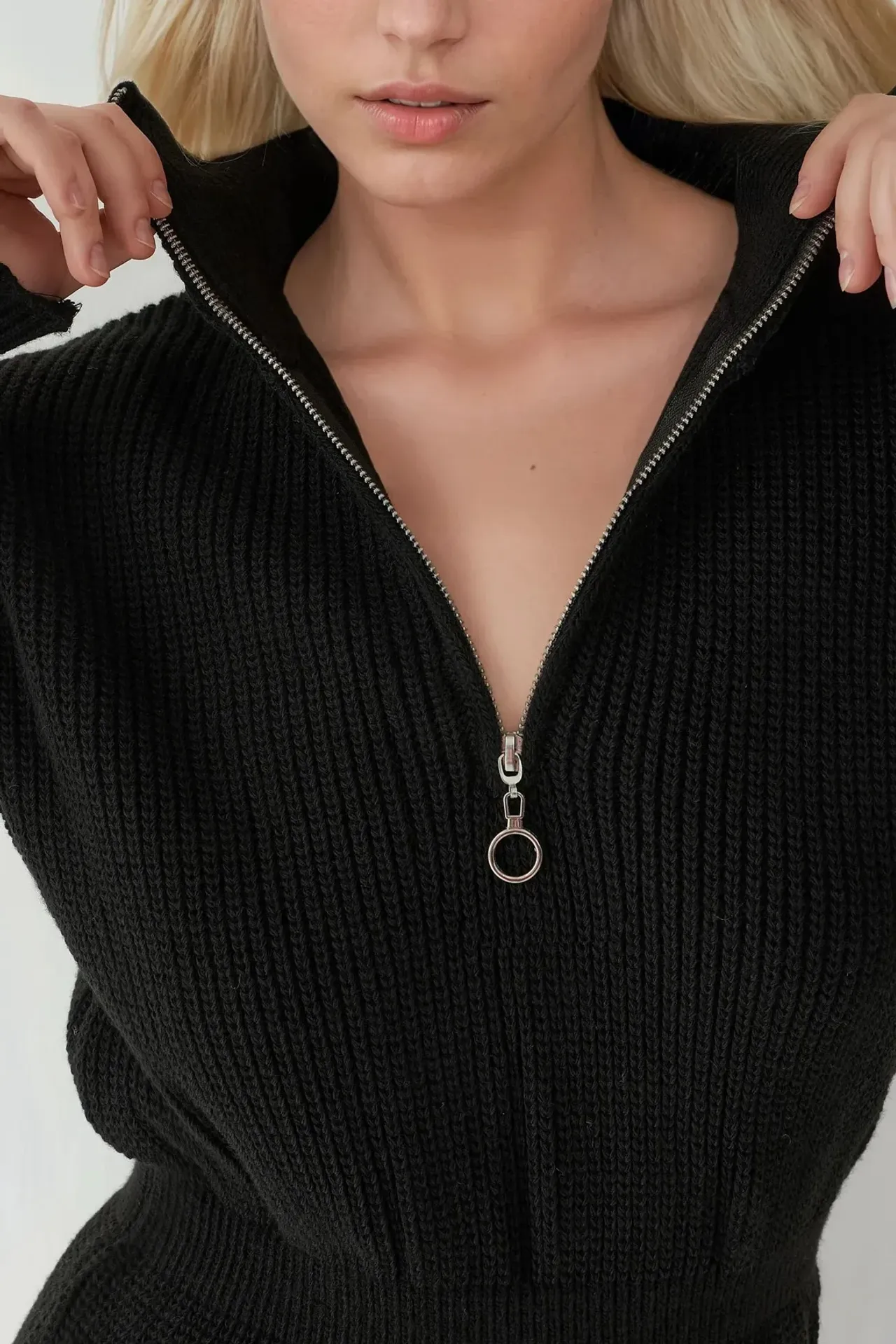 Waist Sitting Ribbed Mini Knit Dress with Zipper Collar 3