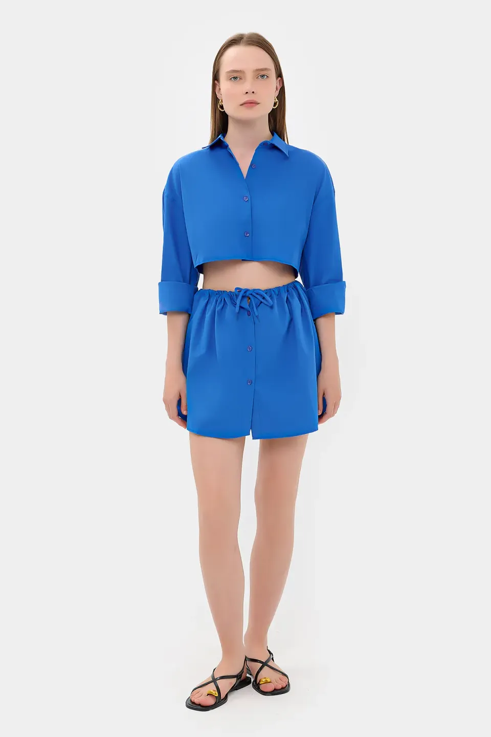 High Waist Drawstring Buttoned Mini Skirt