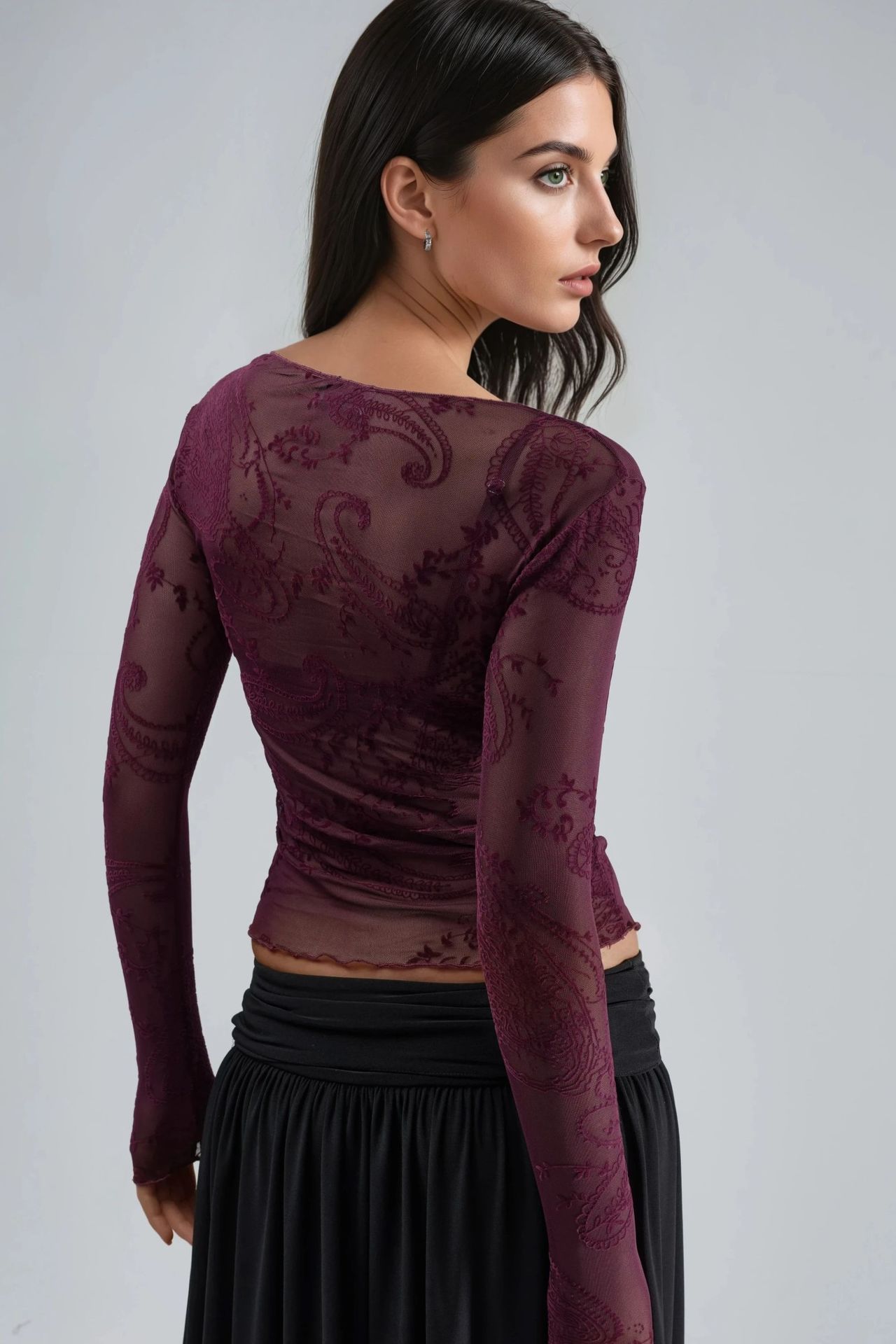 BUSEM Fitted Long Sleeve Flock Print Tulle Blouse 3