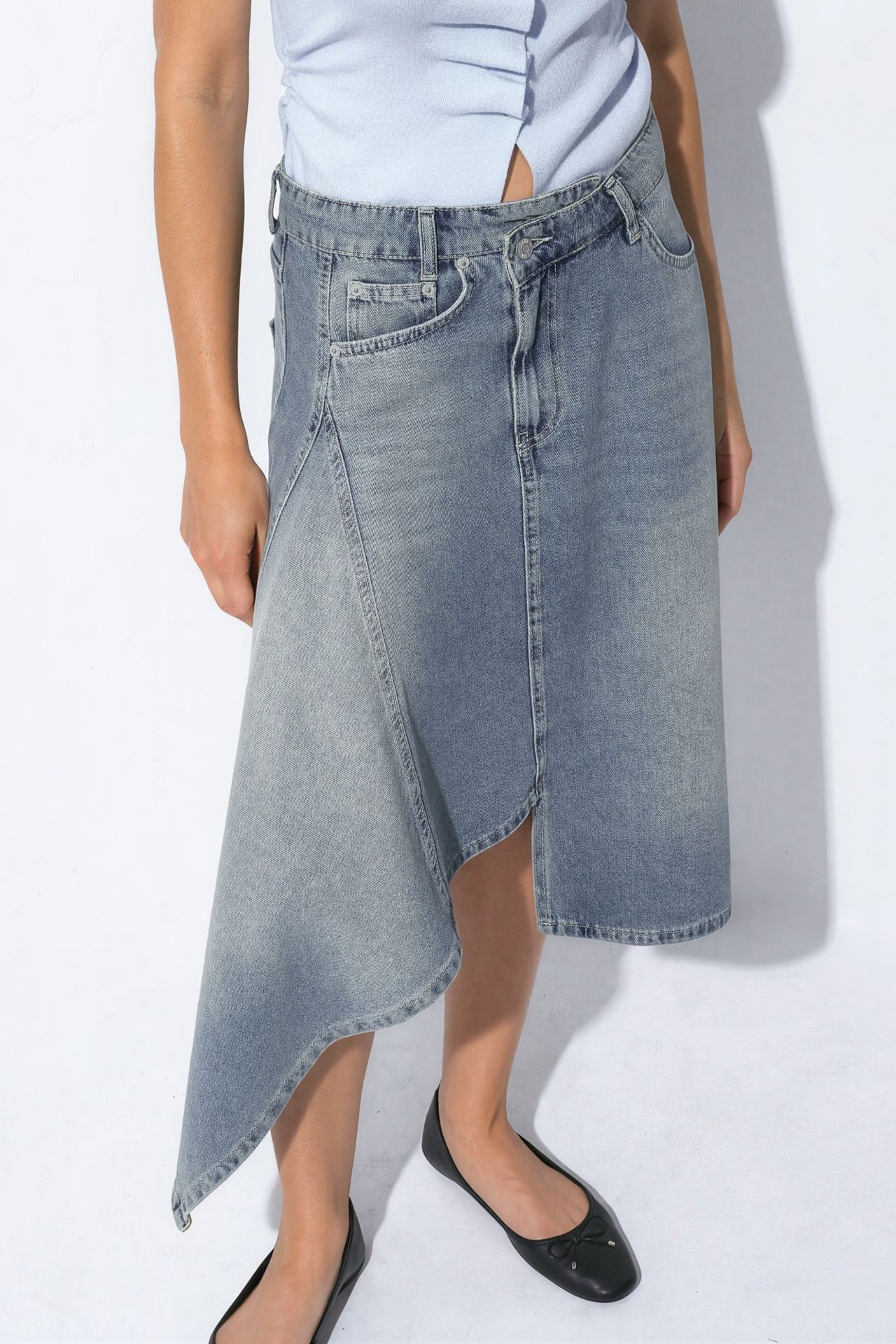 Asymmetric Wash Effect Denim Midi Skirt 4