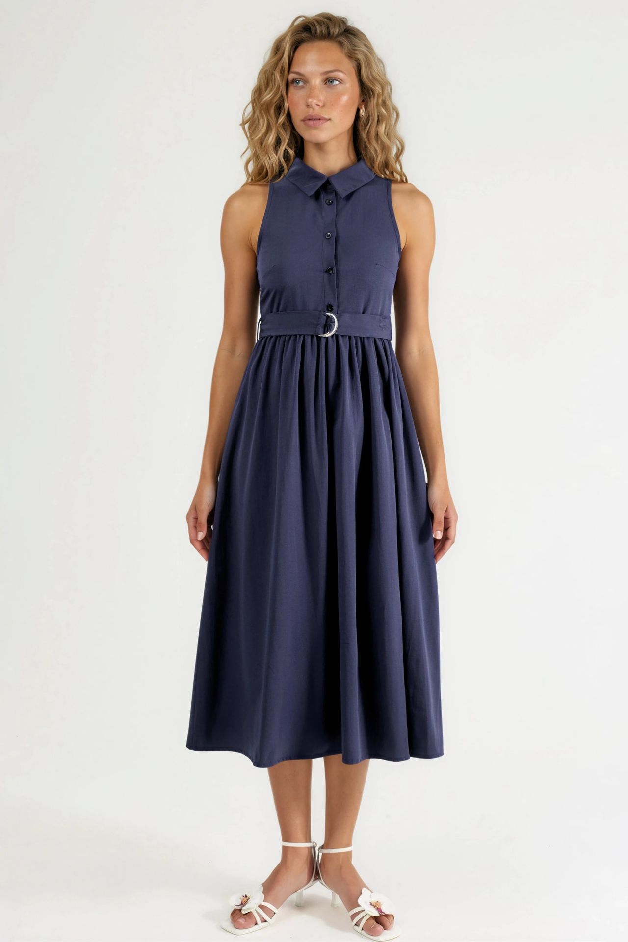 BUSEM Belted Shirt Collar Midi Dress