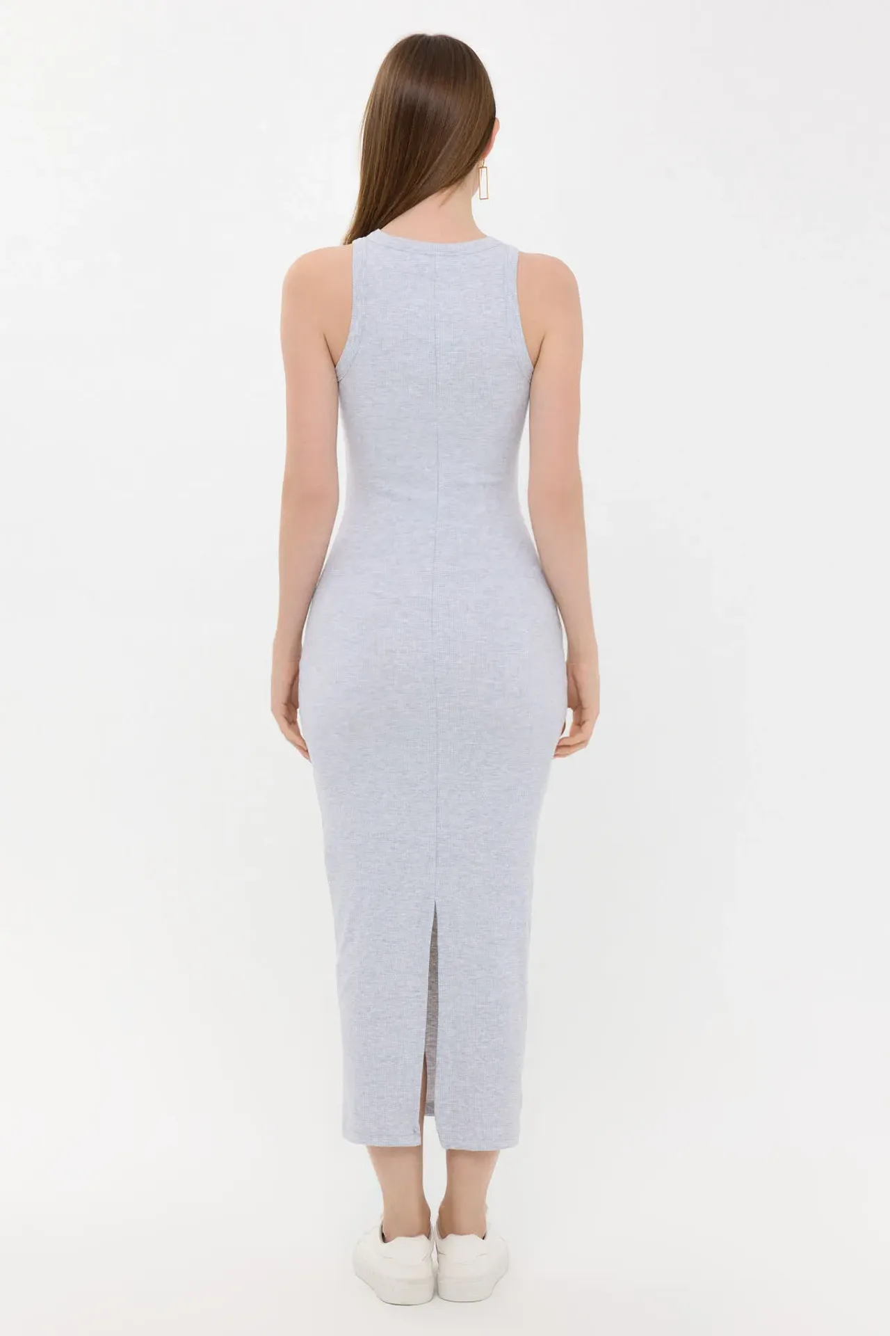 Ribbed Round Neck Maxi Dress with Slit