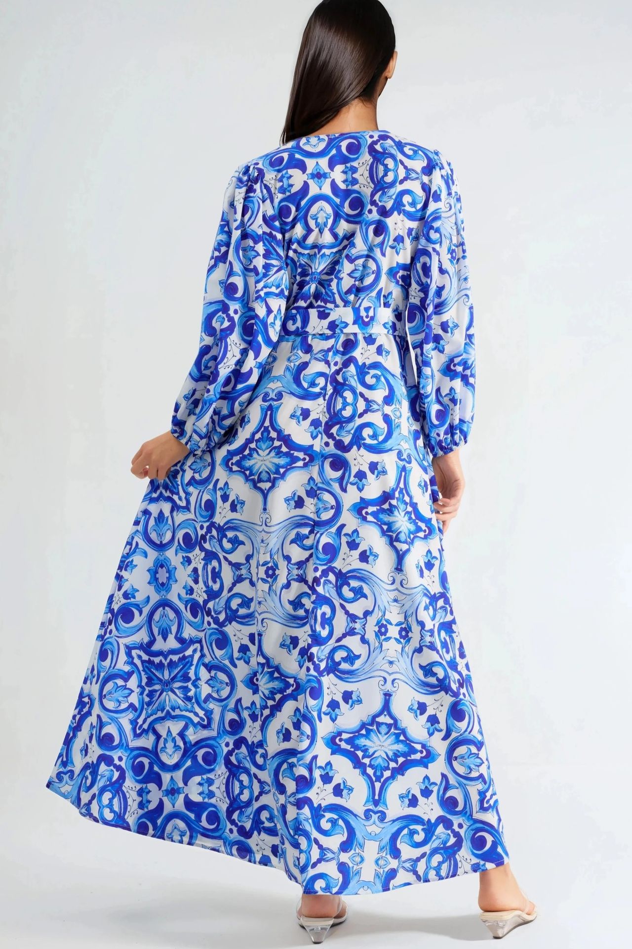 MSN Printed V-Neck Maxi Dress with Long Sleeves 4