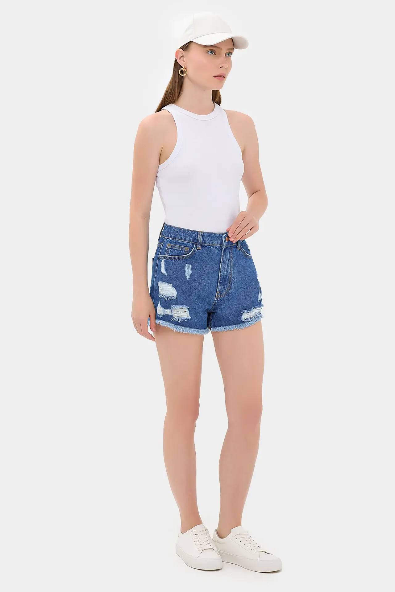 High-Waist Ripped Denim Shorts