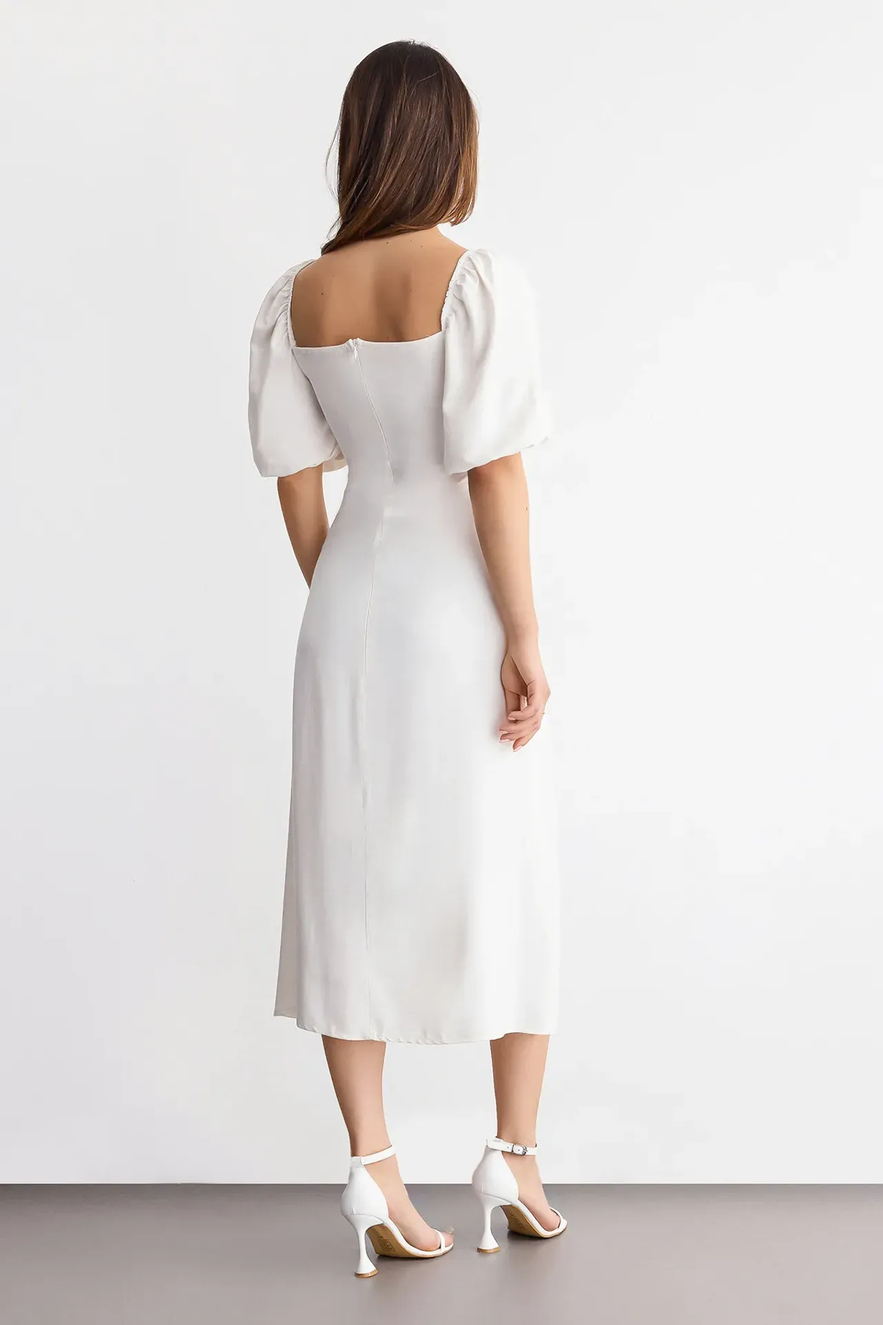 Sweetheart Neck Puff Sleeve Midi Dress with Side Slits and Tassel Detail