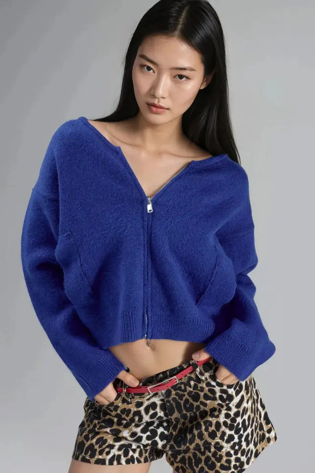 MY FASHION Zippered Knit Cardigan With Pockets
