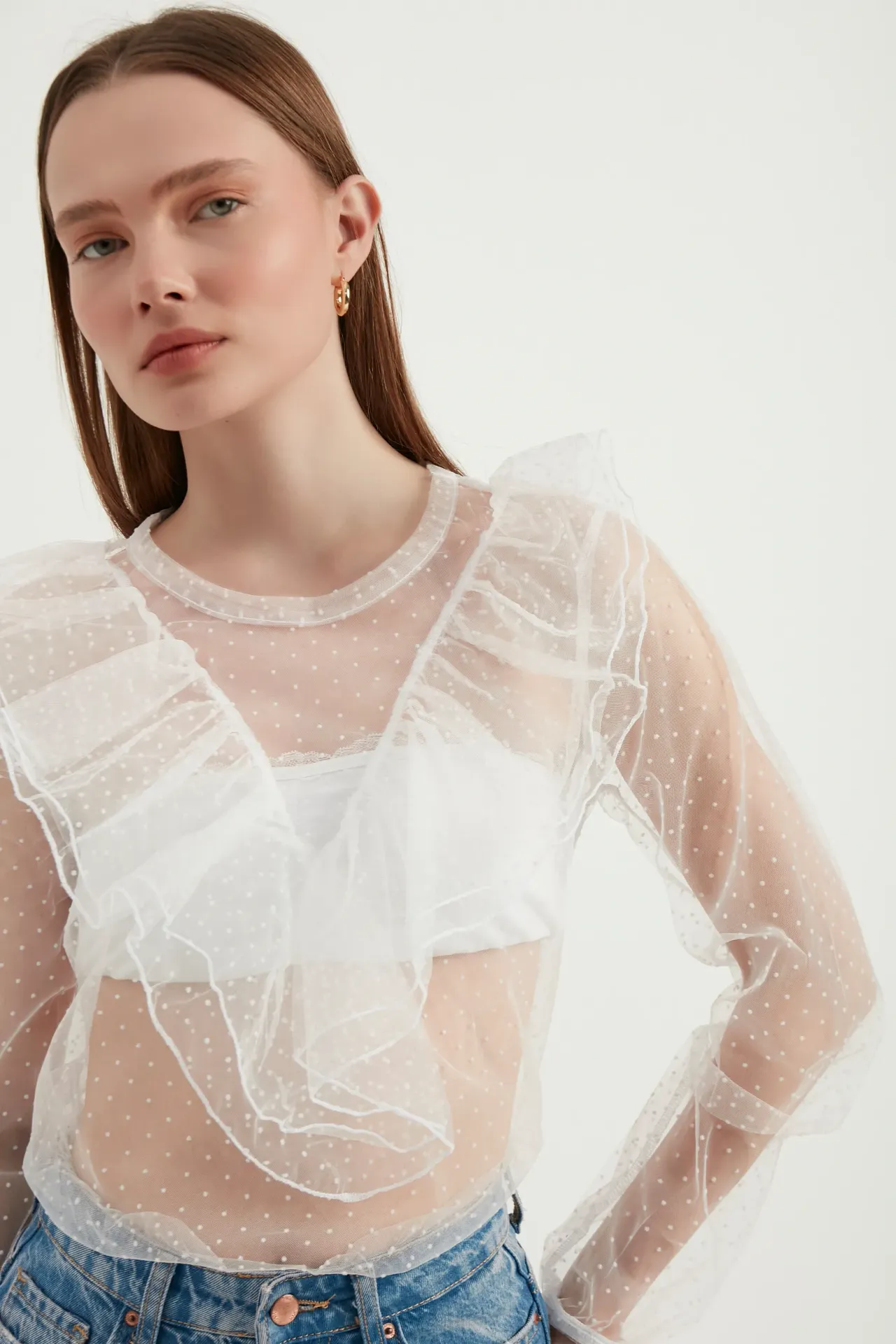 Polka Dot Round Neck Mesh Ruffled Long Sleeve Blouse
