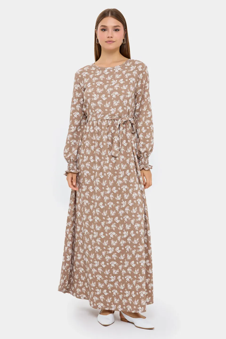 Floral Maxi Dress with Long Sleeves and Tie-Side