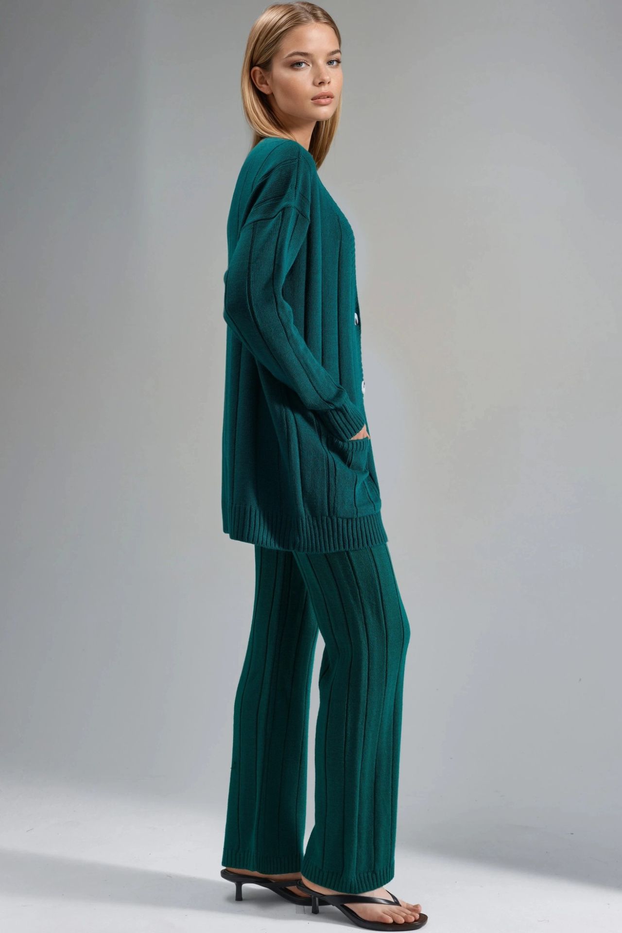 MY FASHION Textured Knit Co-ords with V-Neck Cardigan and Wide Leg Pants 2