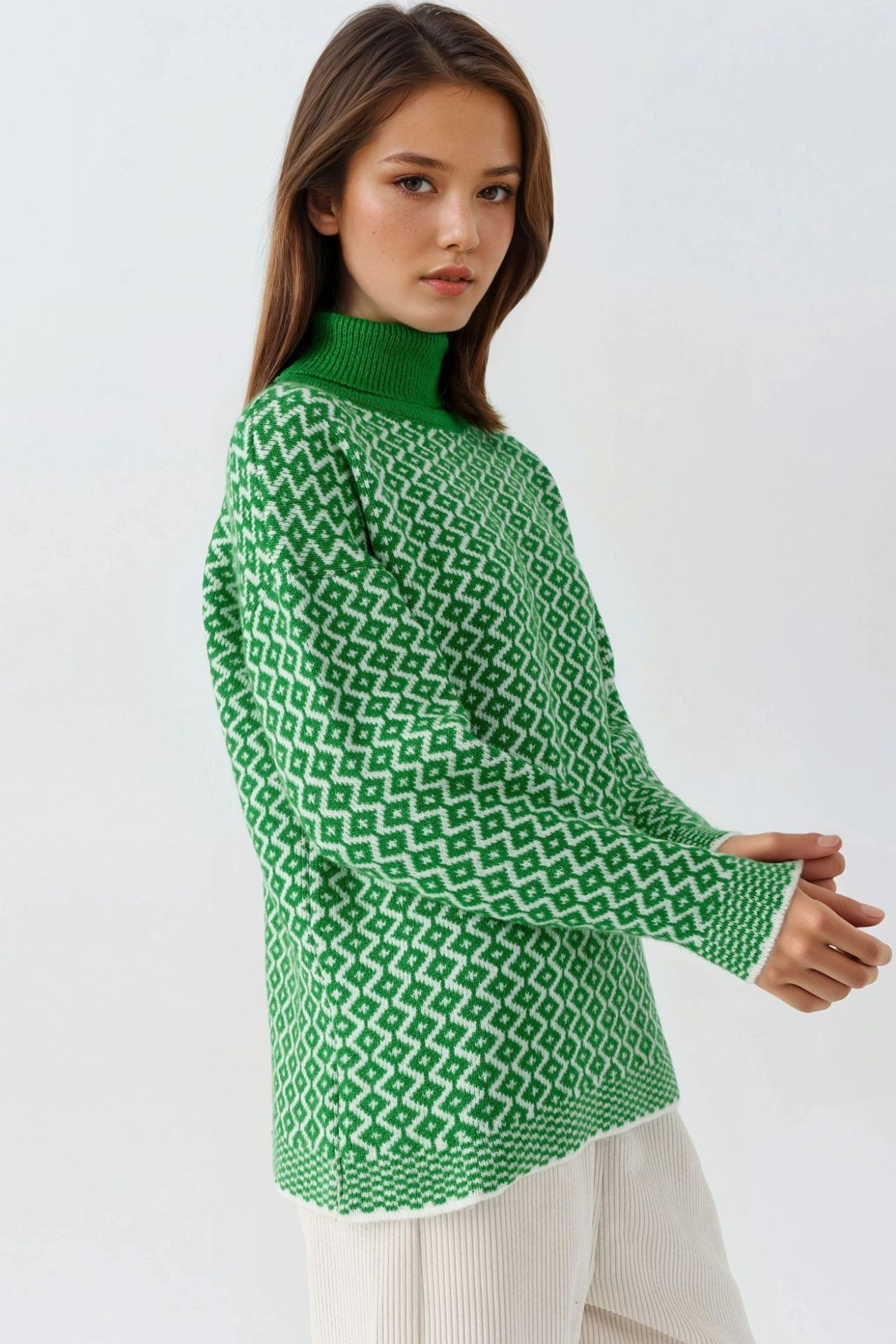 MY FASHION Long Turtleneck Geometric Pattern Ribbed Sweater 2