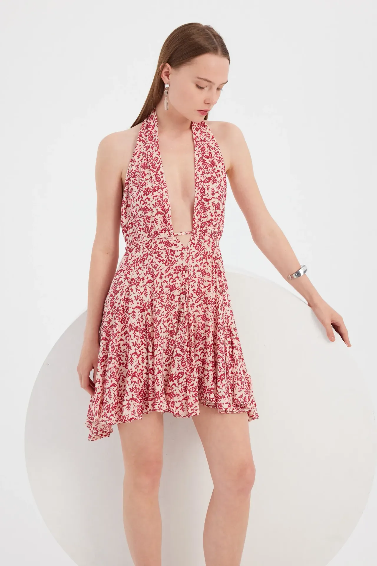 Floral Plunge Neck Backless Mini Dress