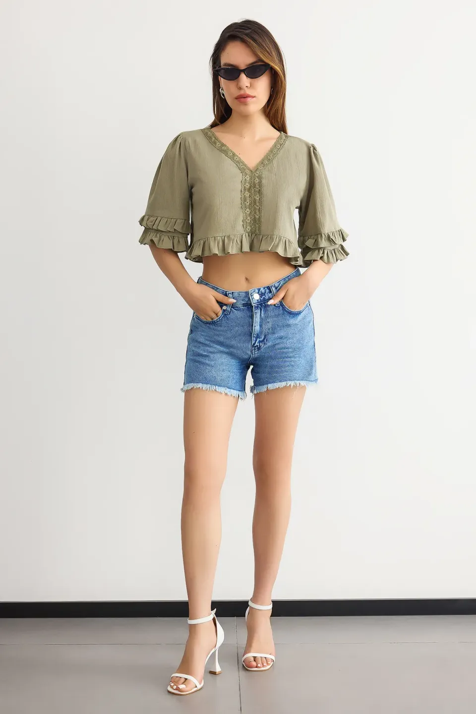 Cropped V-Neck Ruffled Blouse