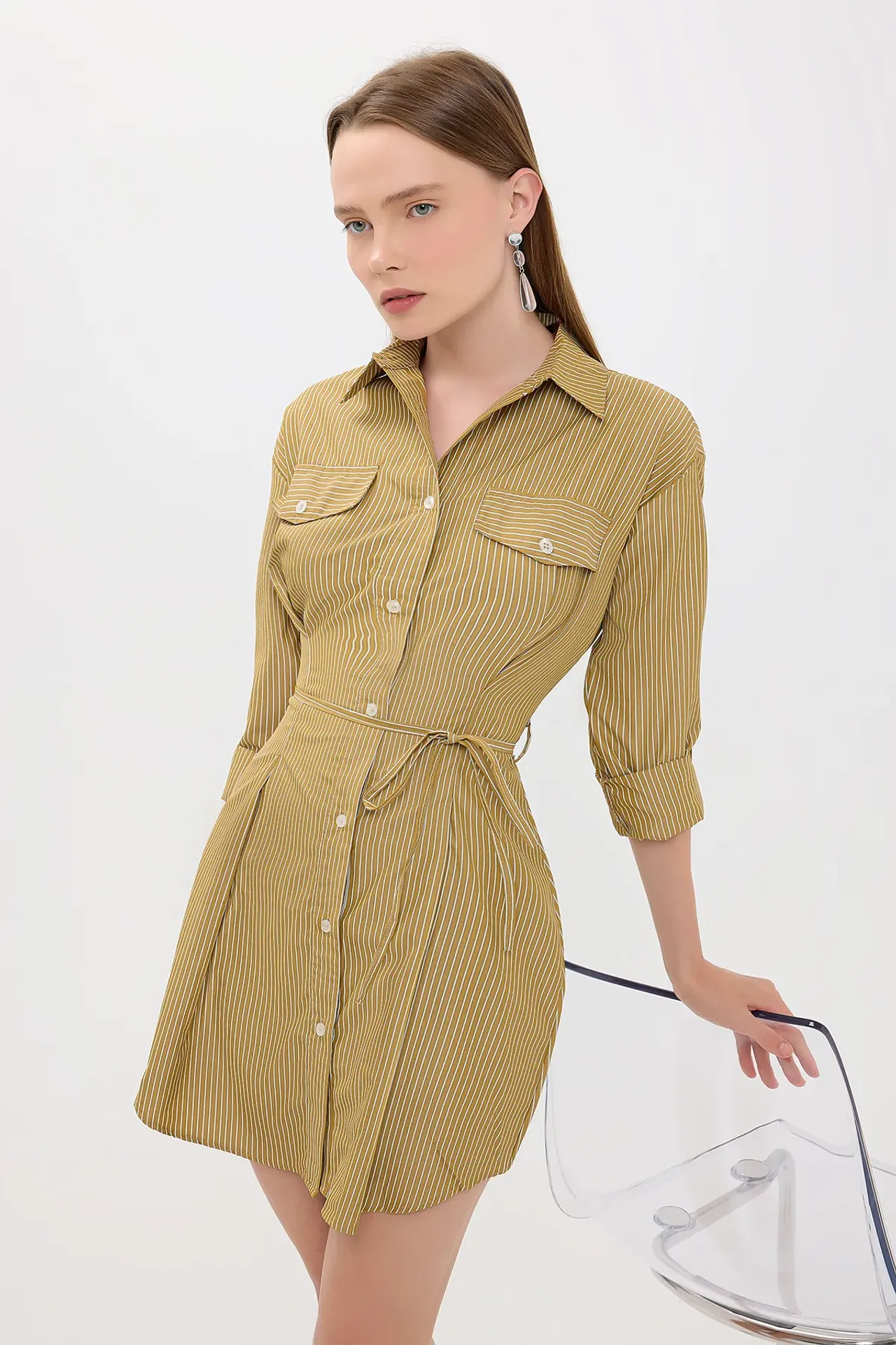 Striped Woven Mini Dress with Button Details