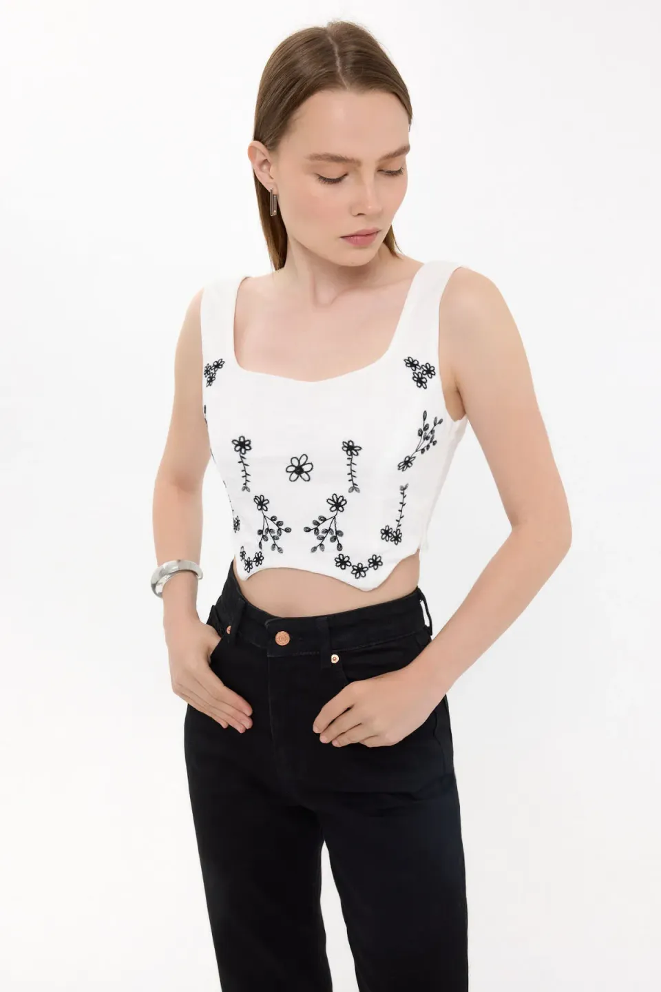 Floral Print Corset Round Neck Sleeveless Top