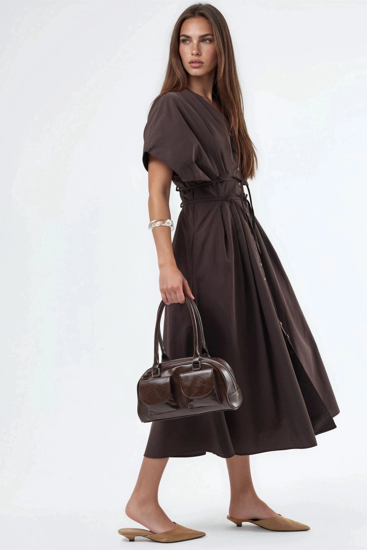BUSEM Casual V-Neck Midi Shirt Dress